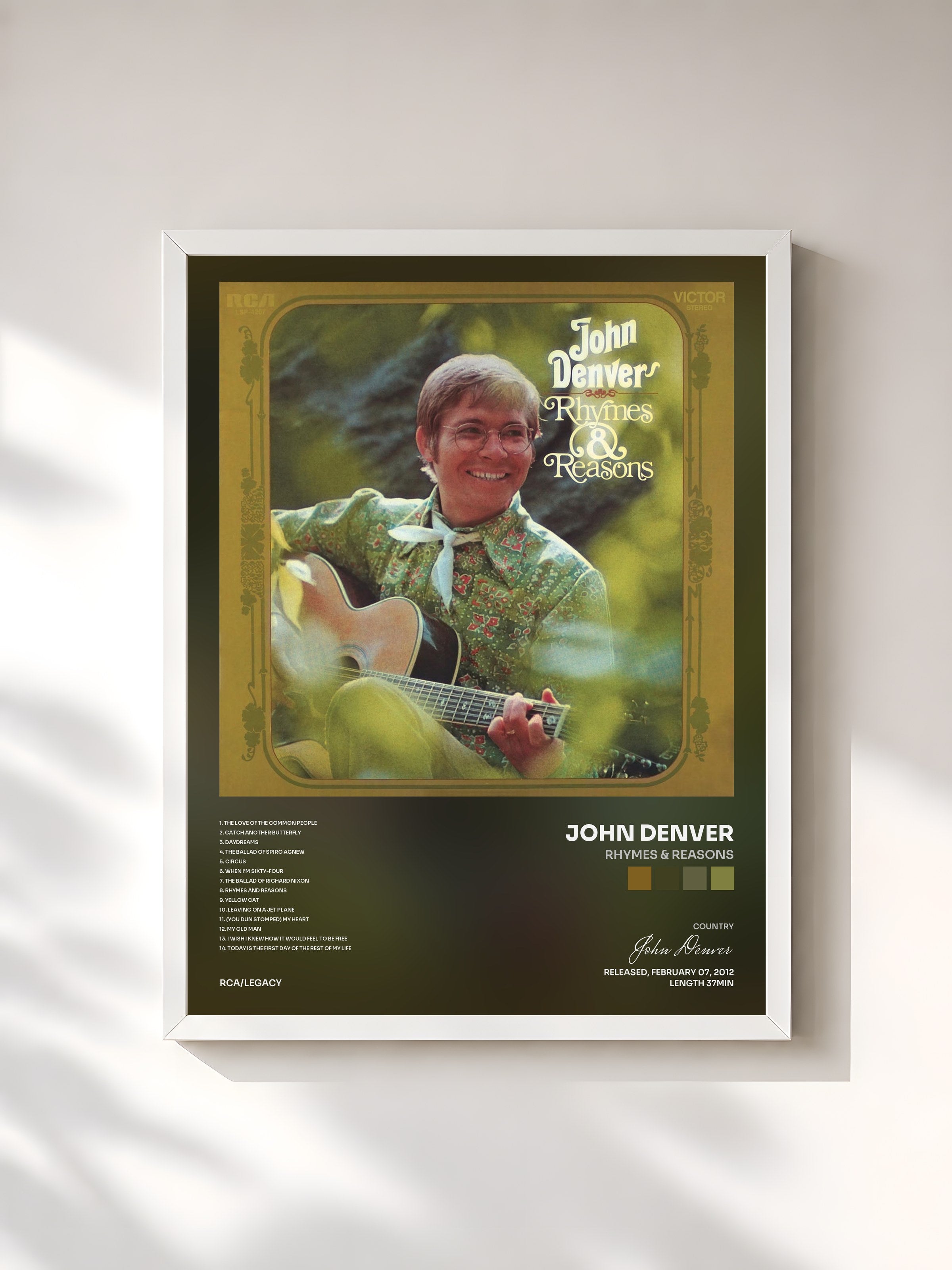 #blanc Tableau de l'album Rhymes & Reasons de John Denver, cadre blanc, imprimé et encadré en France