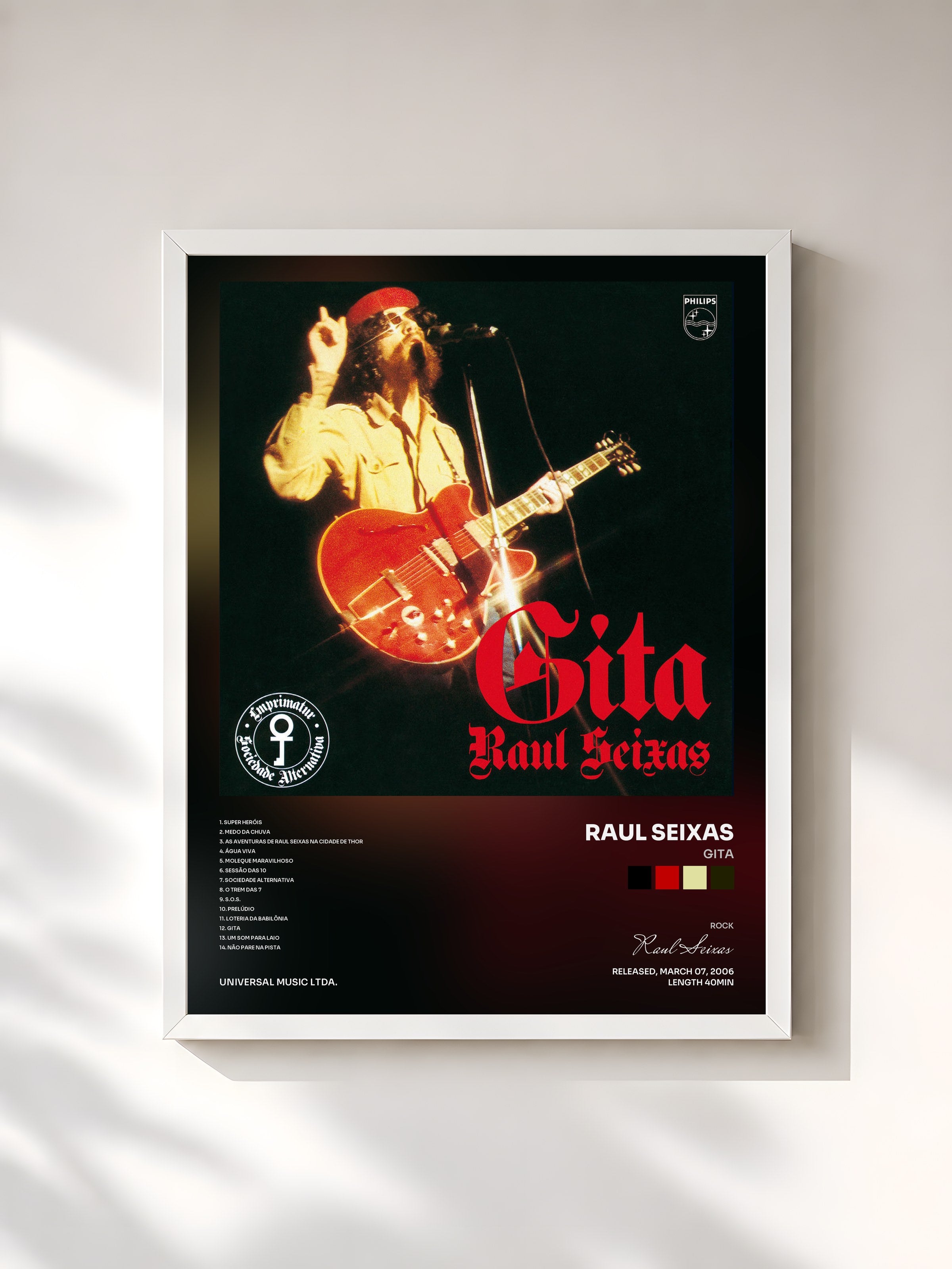 #blanc Tableau de l'album Gita de Raul Seixas, cadre blanc, imprimé et encadré en France