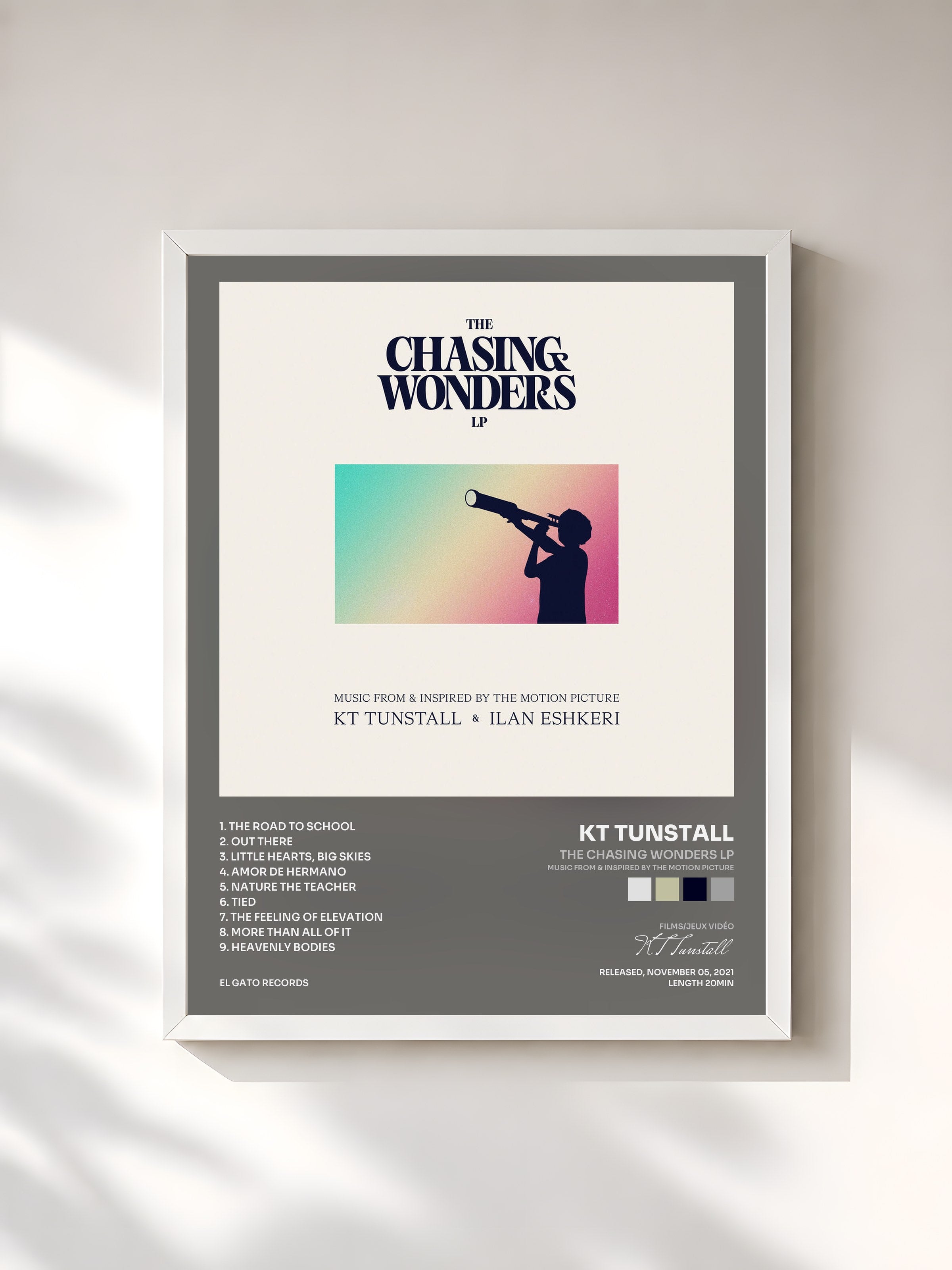 #blanc Tableau de l'album The Chasing Wonders LP (Music From & Inspired By The Motion Picture) de KT Tunstall, cadre blanc, imprimé et encadré en France
