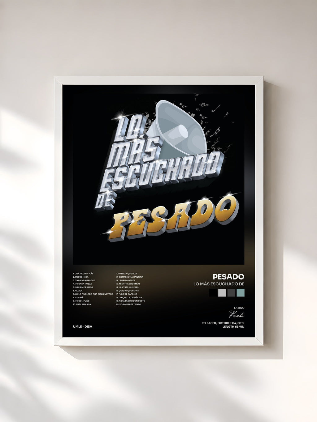 #blanc Lo Más Escuchado De by Pesado as a framed art print, white frame, printed and framed in France