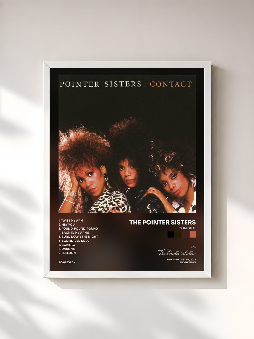 #blanc Contact by The Pointer Sisters as a framed art print, white frame, printed and framed in France