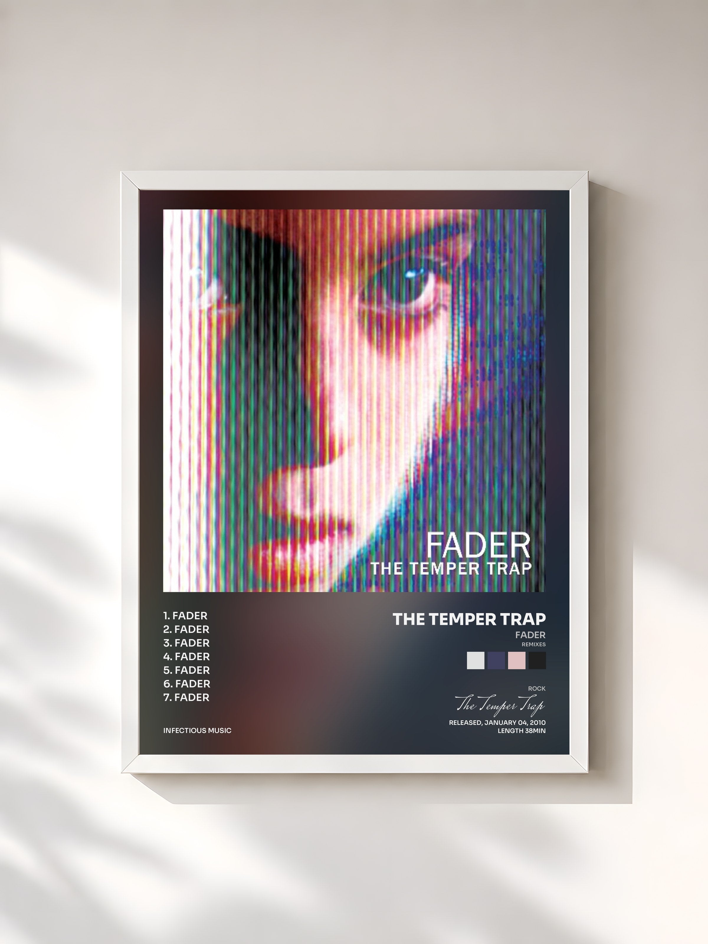 #blanc Tableau de l'album Fader (Remixes) de The Temper Trap, cadre blanc, imprimé et encadré en France