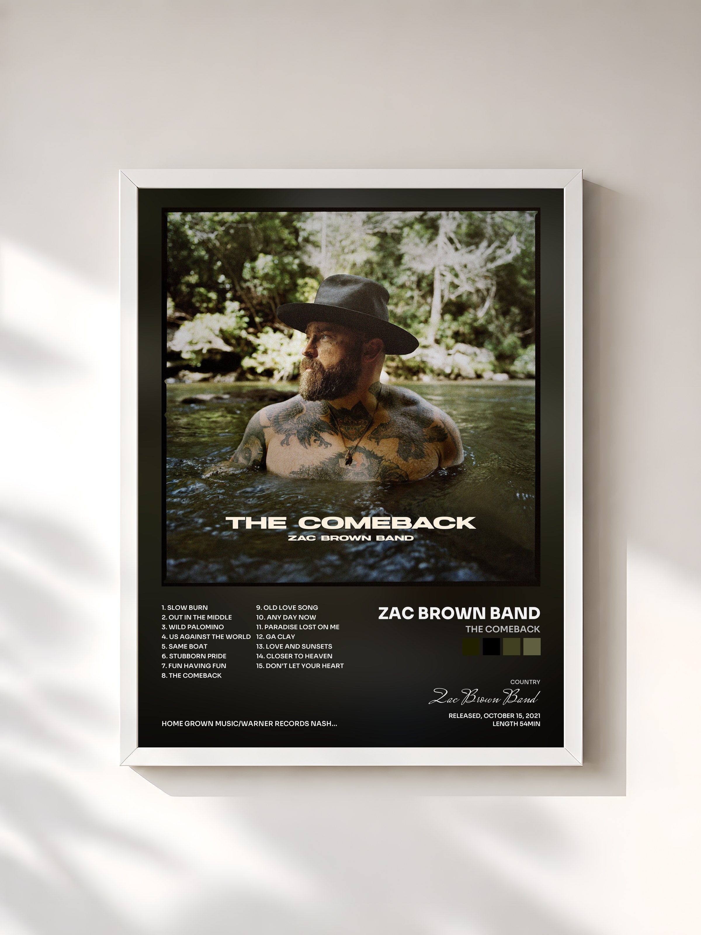 #blanc Tableau de l'album The Comeback de Zac Brown Band, cadre blanc, imprimé et encadré en France