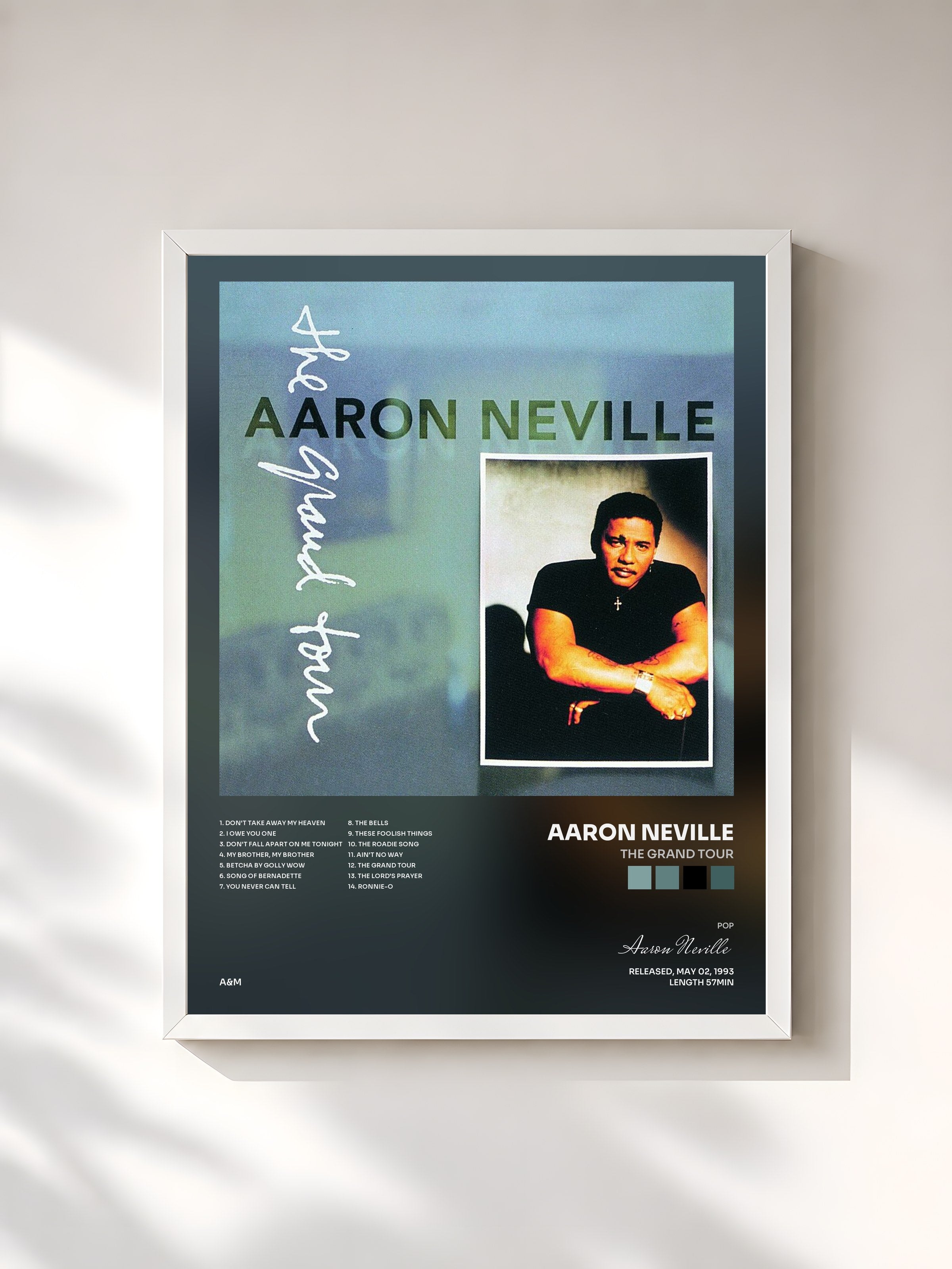 #blanc Tableau de l'album The Grand Tour de Aaron Neville, cadre blanc, imprimé et encadré en France