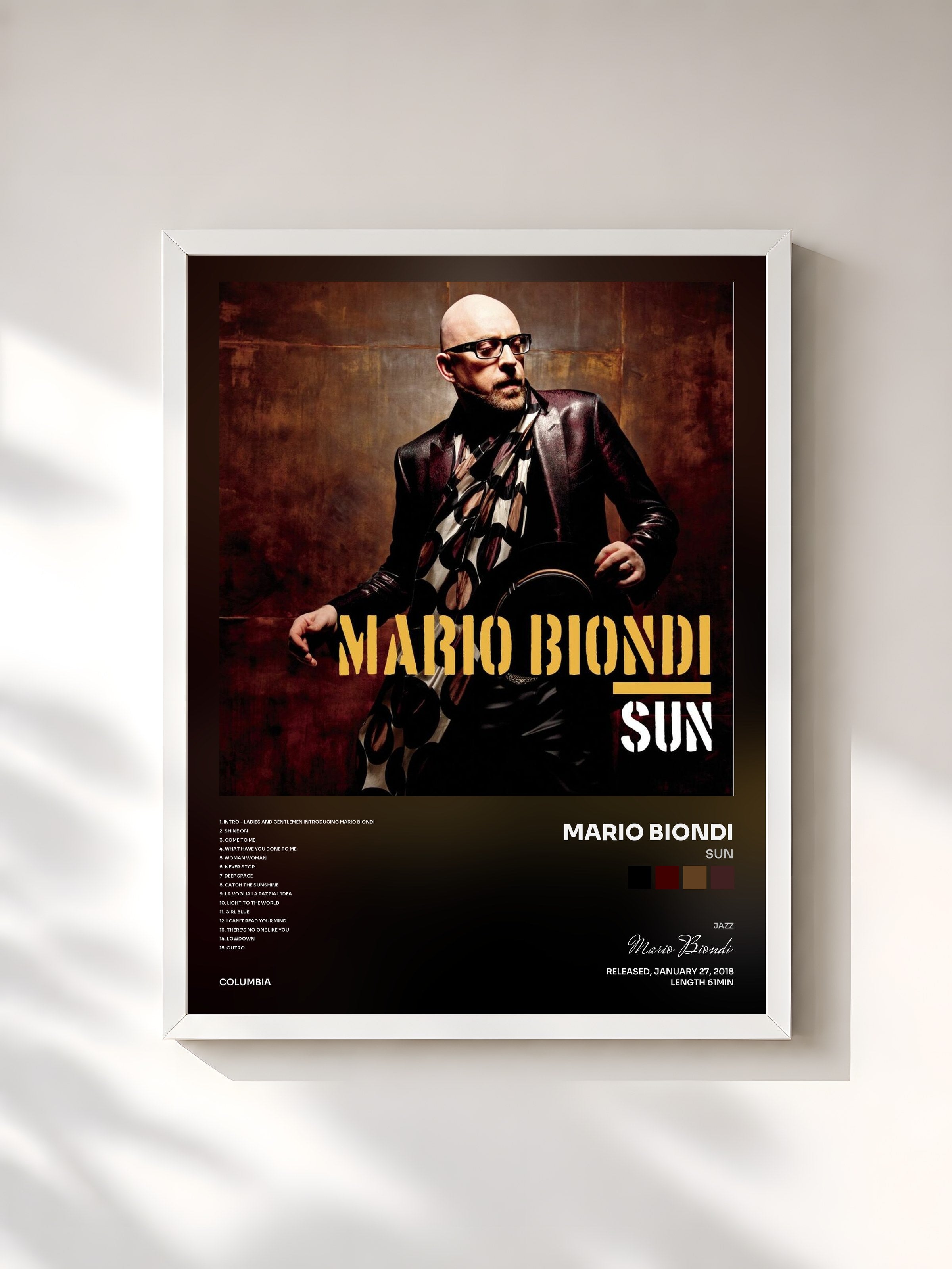 #blanc Tableau de l'album Sun de Mario Biondi, cadre blanc, imprimé et encadré en France