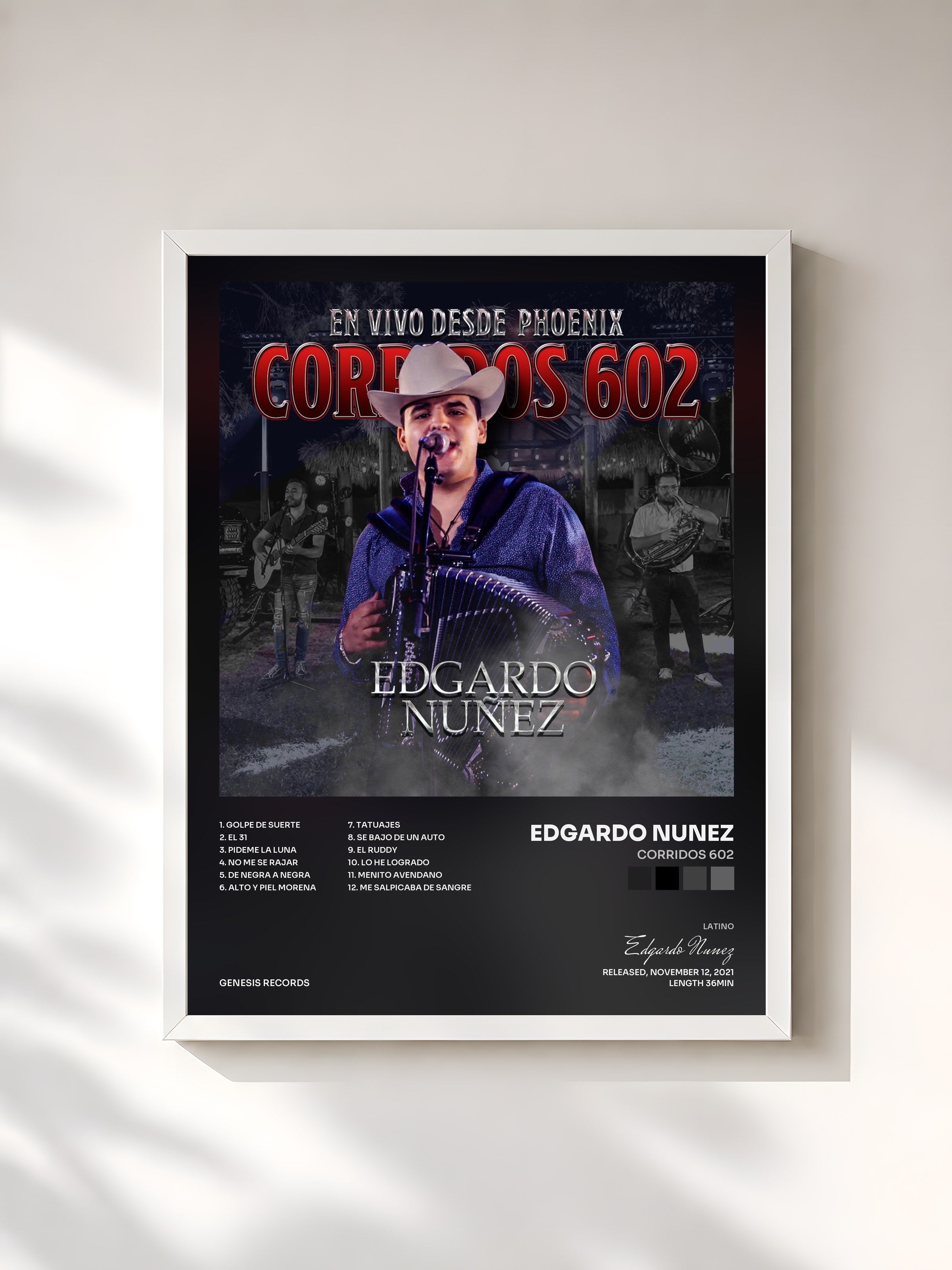 #blanc Tableau de l'album Corridos 602 de Edgardo Nunez, cadre blanc, imprimé et encadré en France