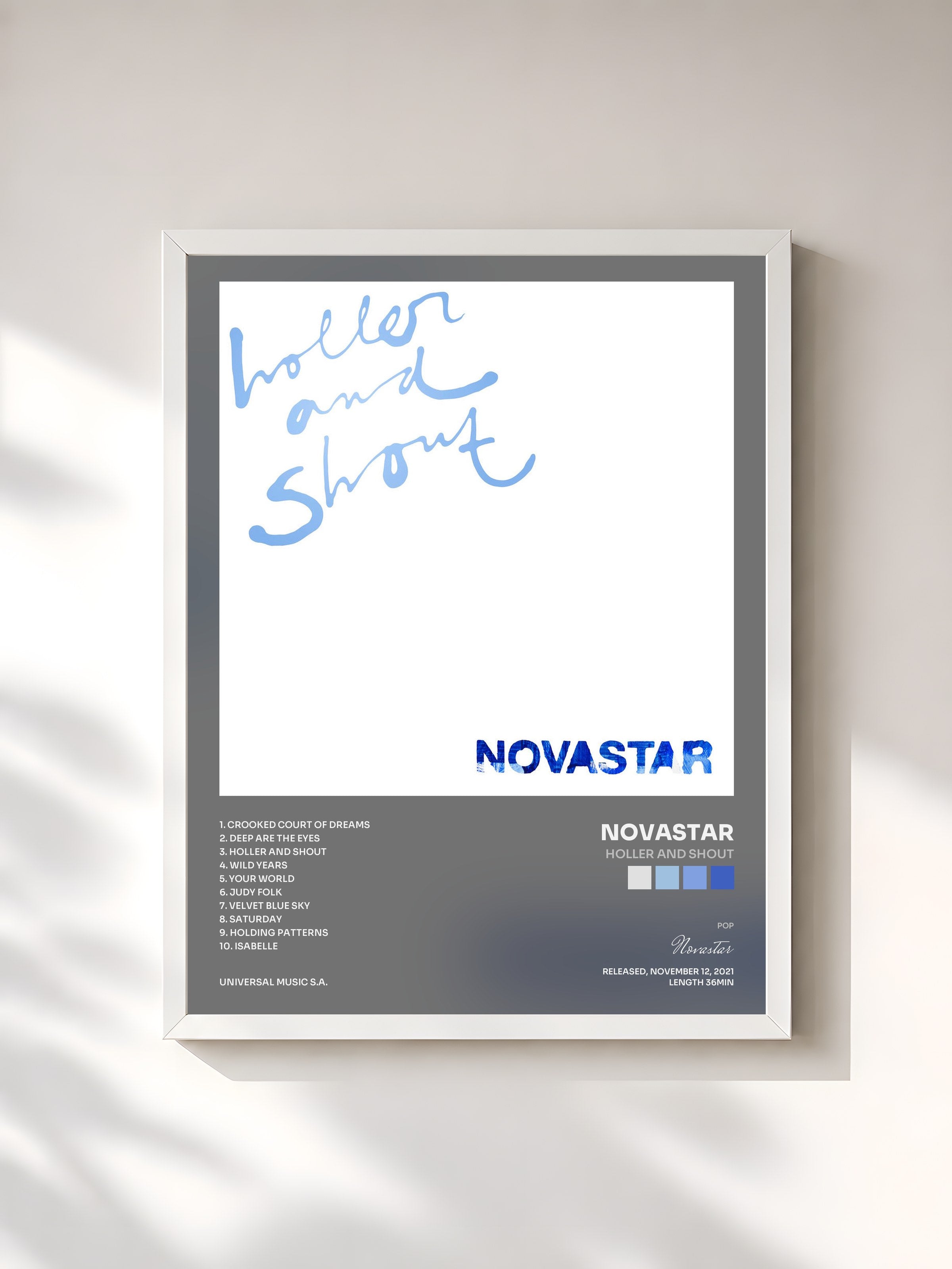 #blanc Tableau de l'album Holler And Shout de Novastar, cadre blanc, imprimé et encadré en France
