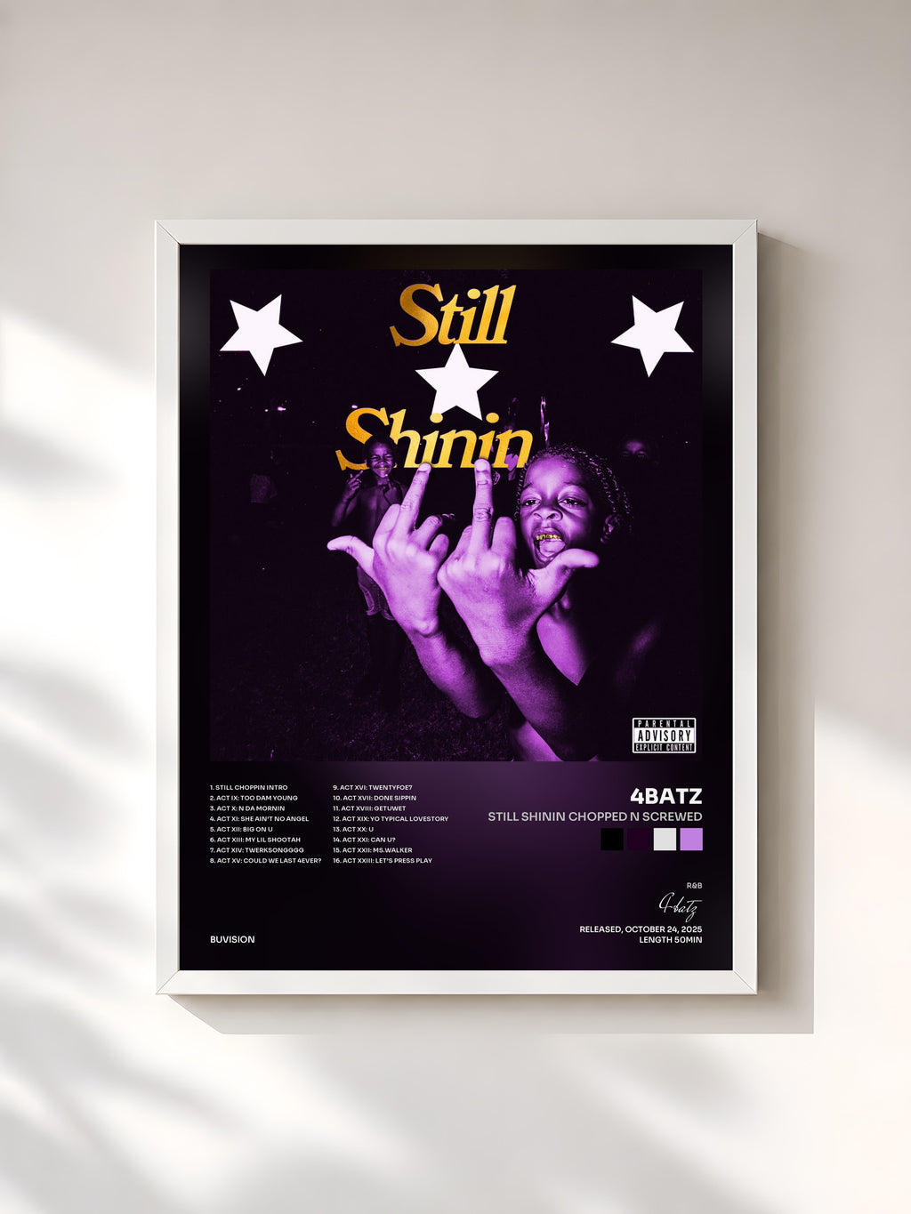 #blanc Tableau de l'album Still Shinin chopped n screwed de 4batz, cadre blanc, imprimé et encadré en France