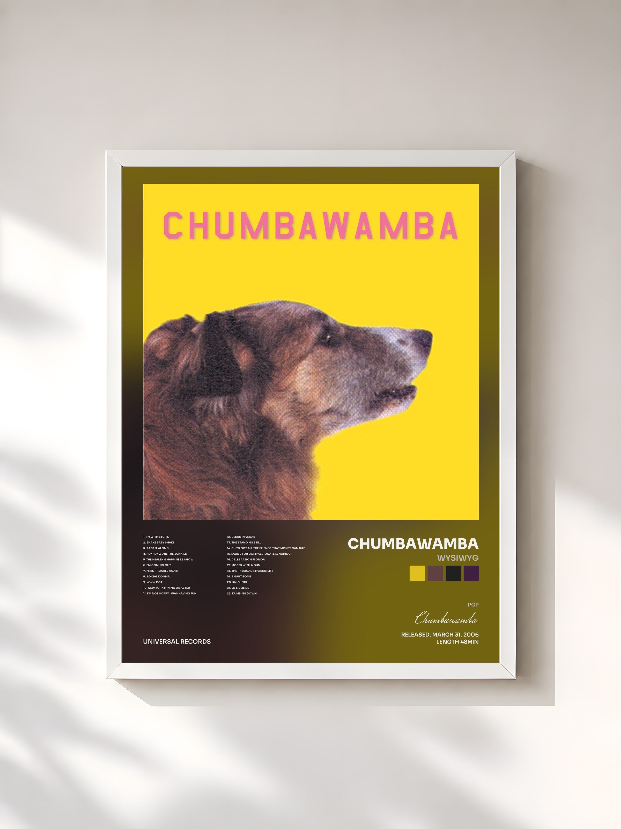 #blanc Tableau de l'album WYSIWYG de Chumbawamba, cadre blanc, imprimé et encadré en France