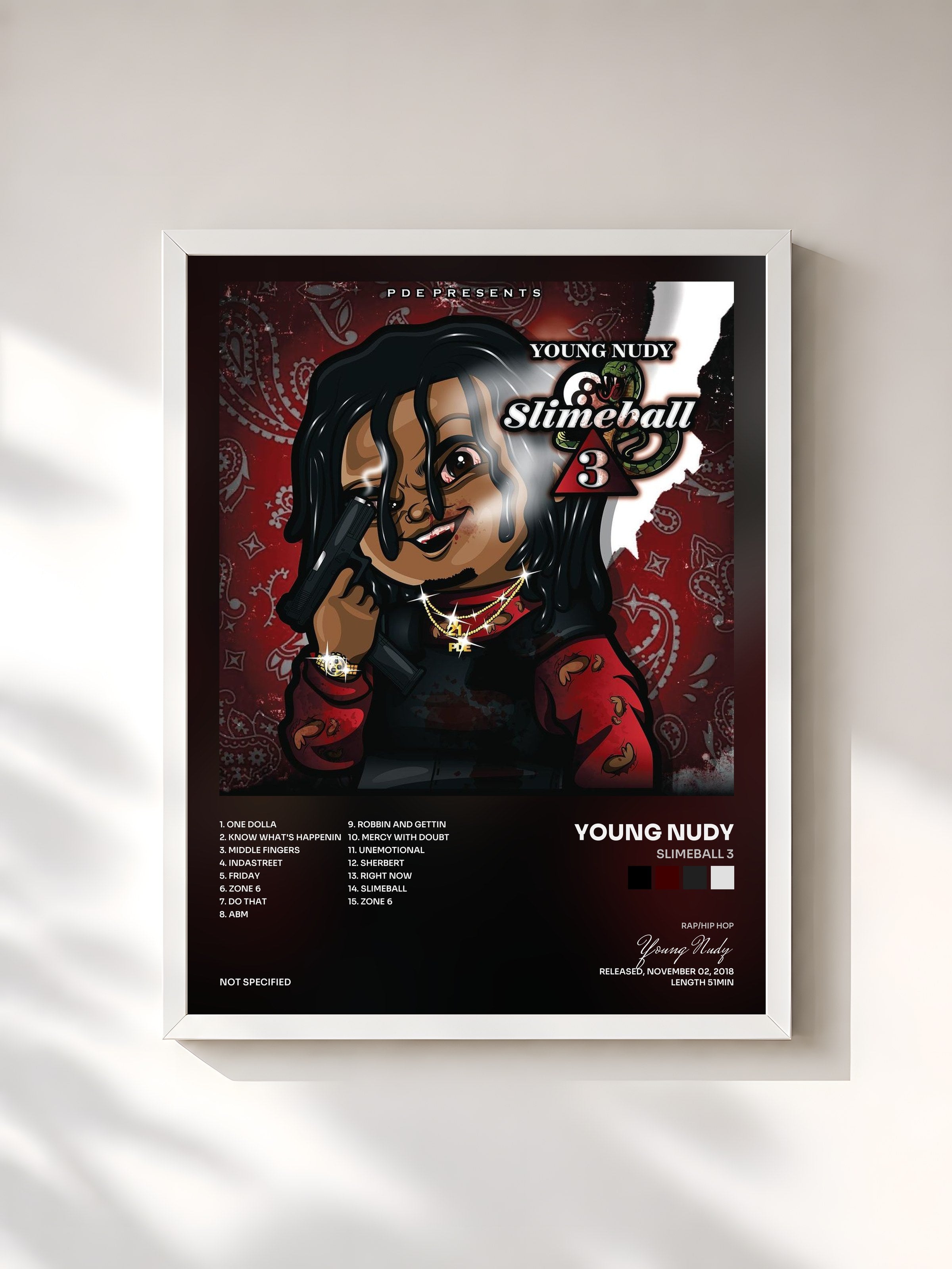 #blanc Tableau de l'album SlimeBall 3 de Young Nudy, cadre blanc, imprimé et encadré en France