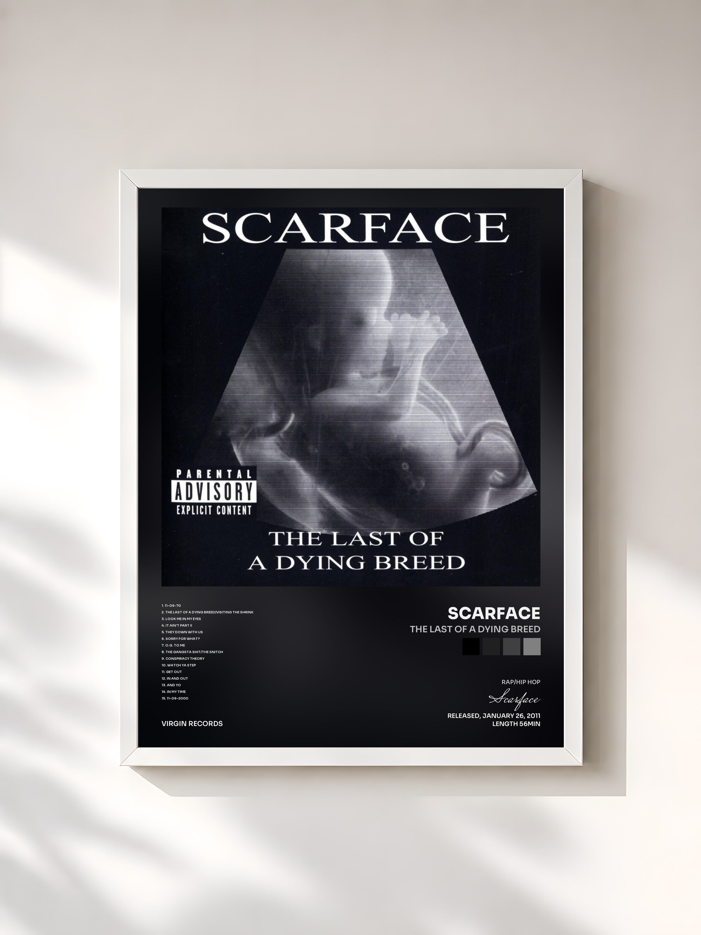 #blanc Tableau de l'album The Last Of A Dying Breed de Scarface, cadre blanc, imprimé et encadré en France