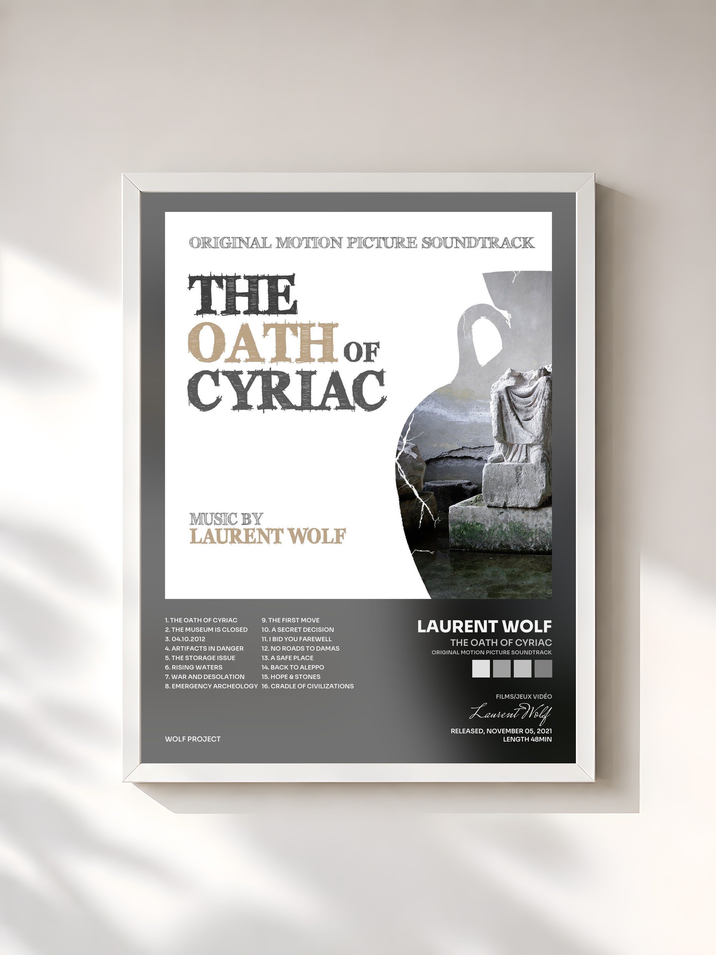 #blanc Tableau de l'album The Oath of Cyriac (Original Motion Picture Soundtrack) de Laurent Wolf, cadre blanc, imprimé et encadré en France