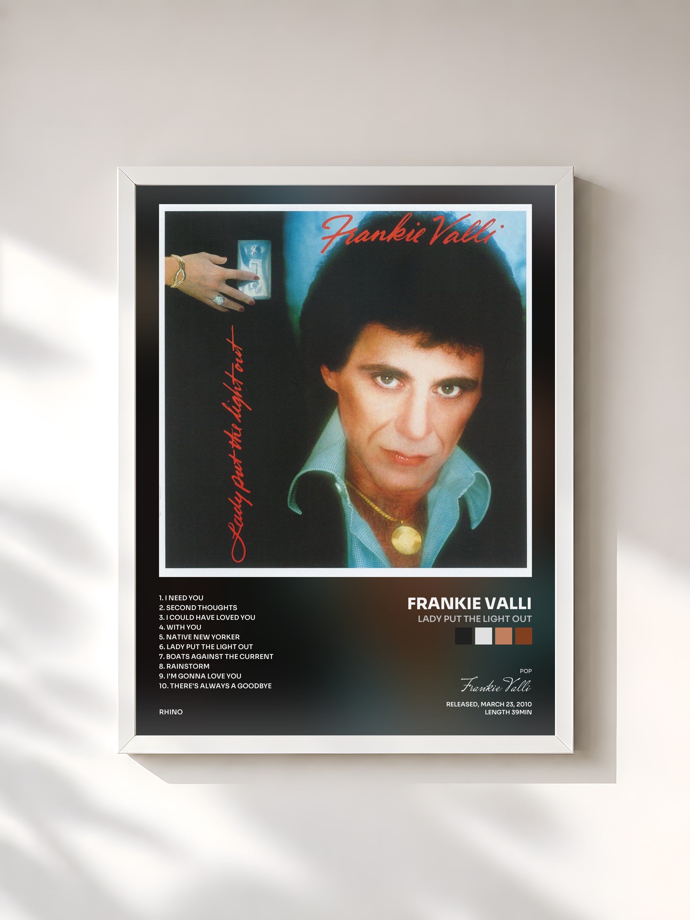 #blanc Tableau de l'album Lady Put The Light Out de Frankie Valli, cadre blanc, imprimé et encadré en France
