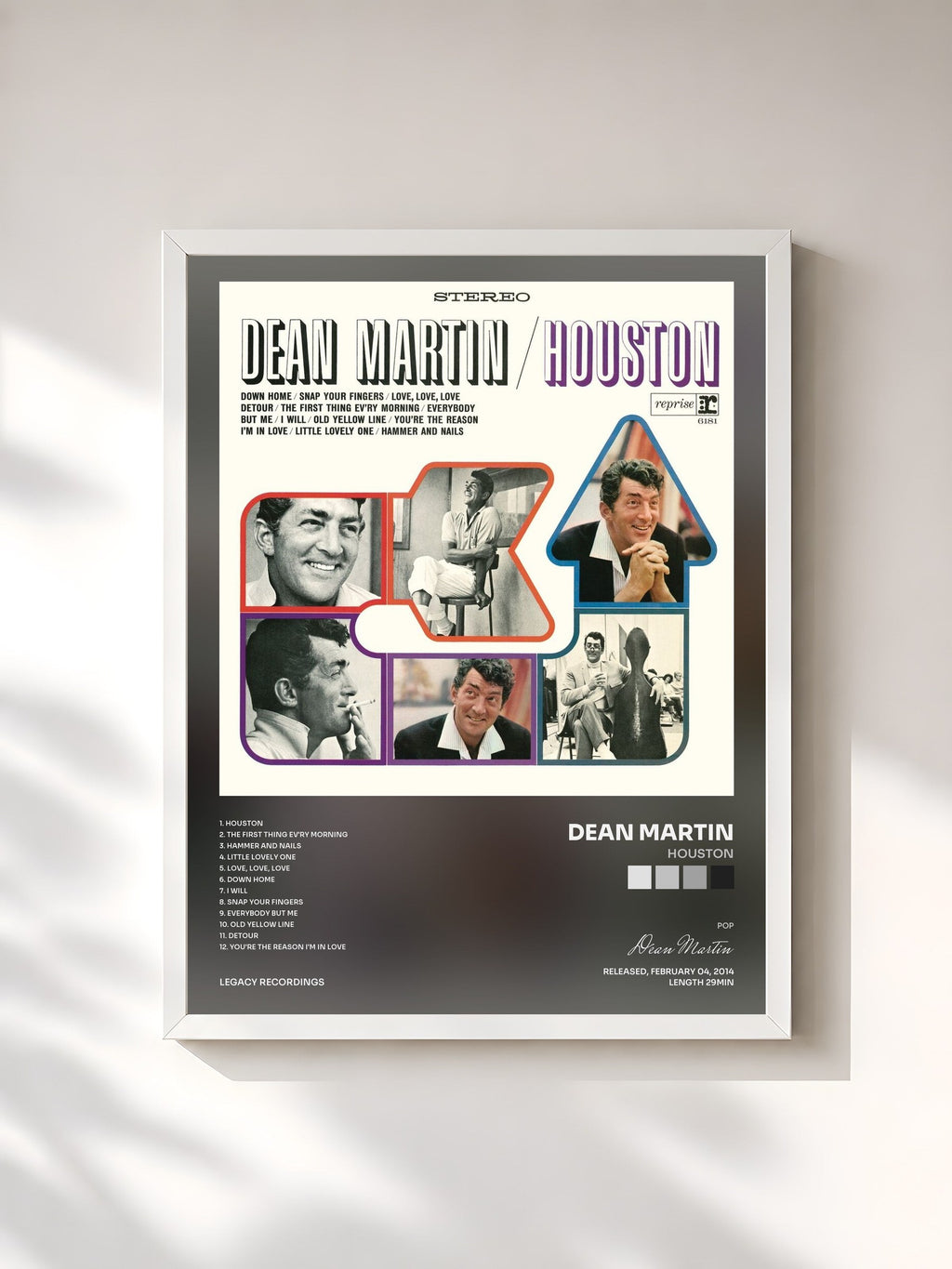 #blanc Houston de Dean Martin en lámina enmarcada, marco blanco, impresa y enmarcada en Francia