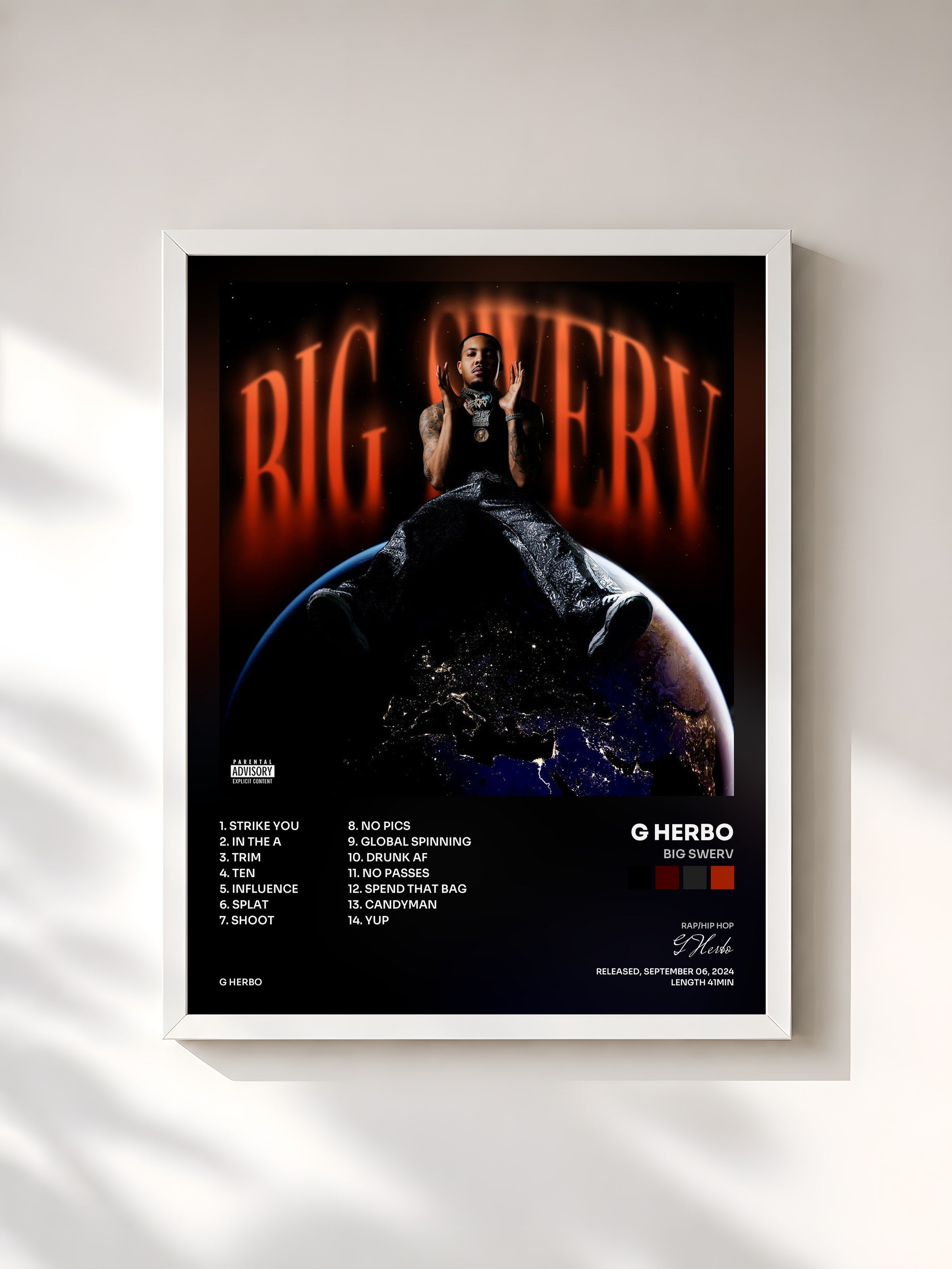 #blanc Tableau de l'album Big Swerv de G Herbo, cadre blanc, imprimé et encadré en France