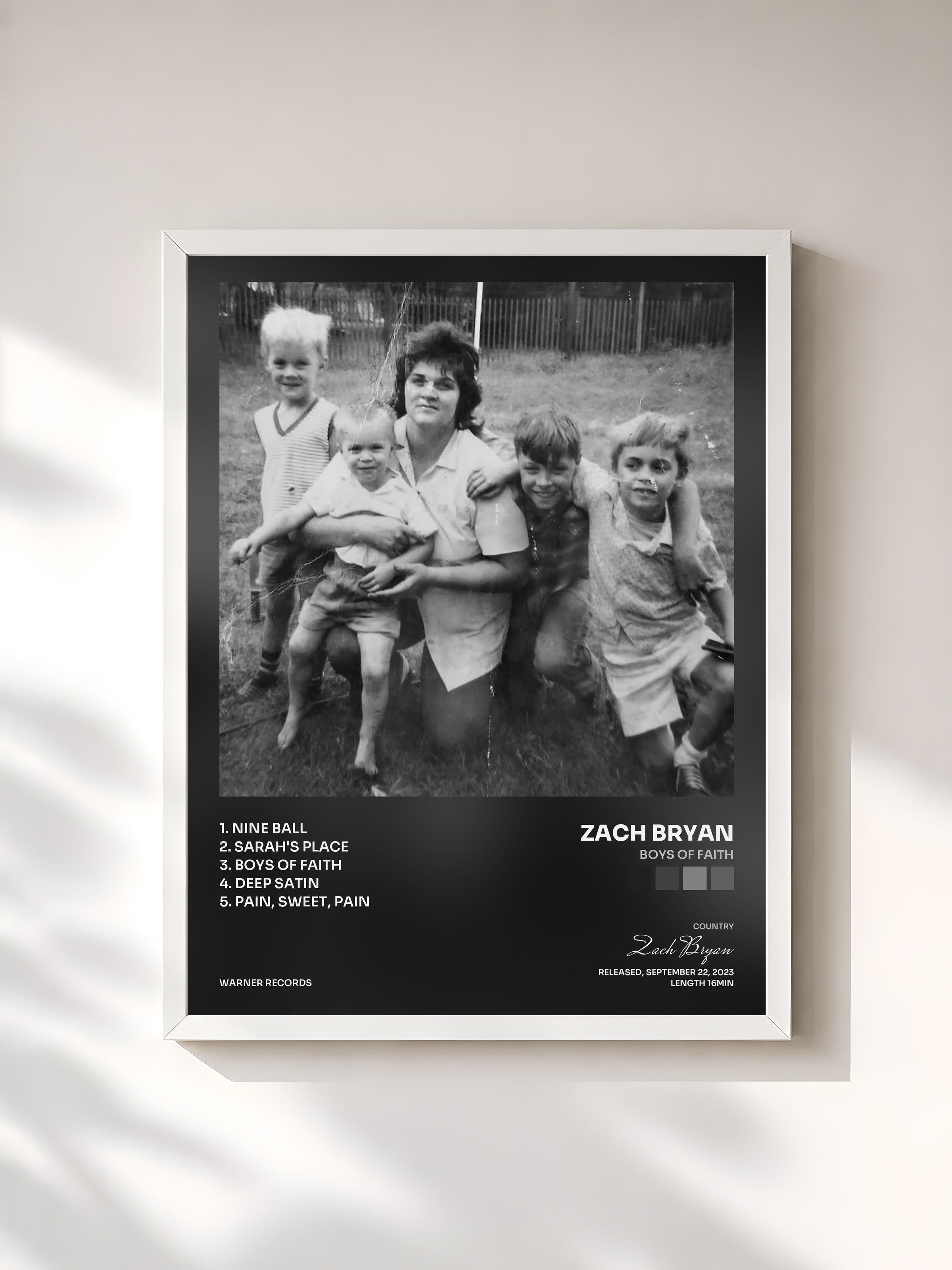 #blanc Tableau de l'album Boys Of Faith de Zach Bryan, cadre blanc, imprimé et encadré en France