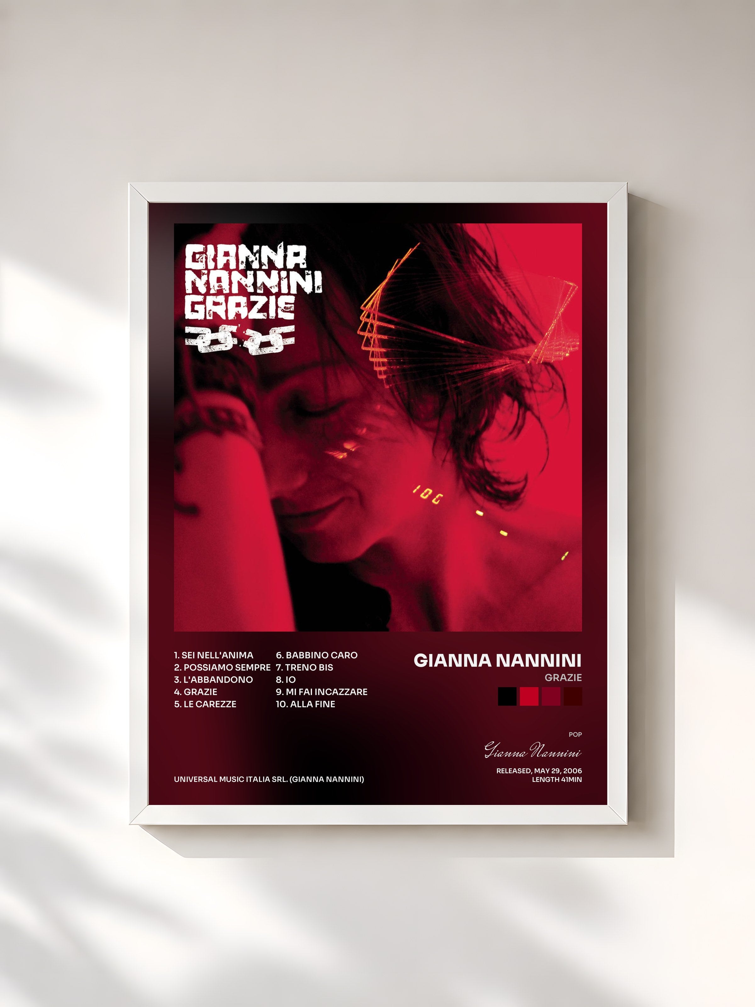 #blanc Tableau de l'album Grazie de Gianna Nannini, cadre blanc, imprimé et encadré en France