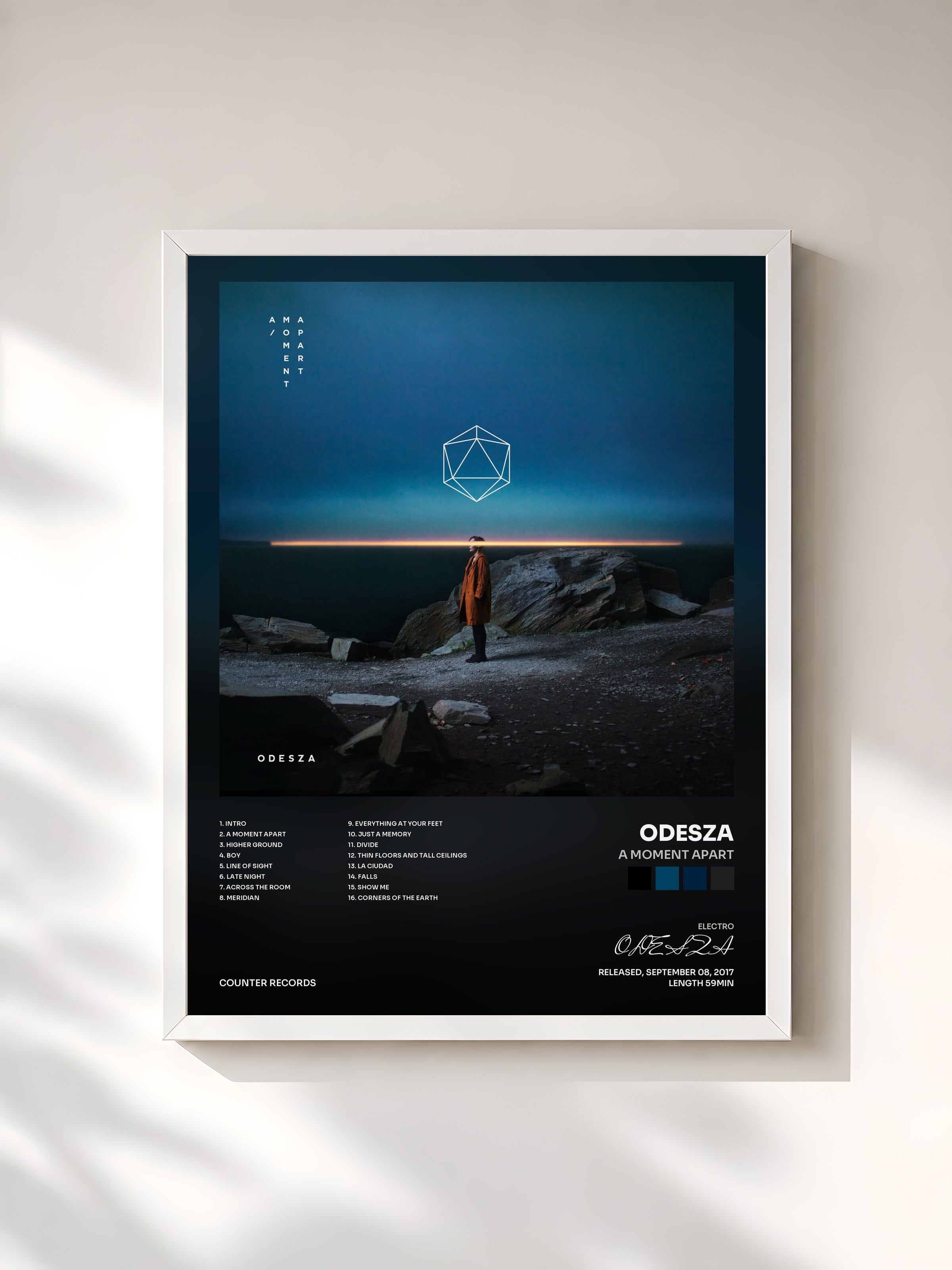 #blanc Tableau de l'album A Moment Apart de ODESZA, cadre blanc, imprimé et encadré en France