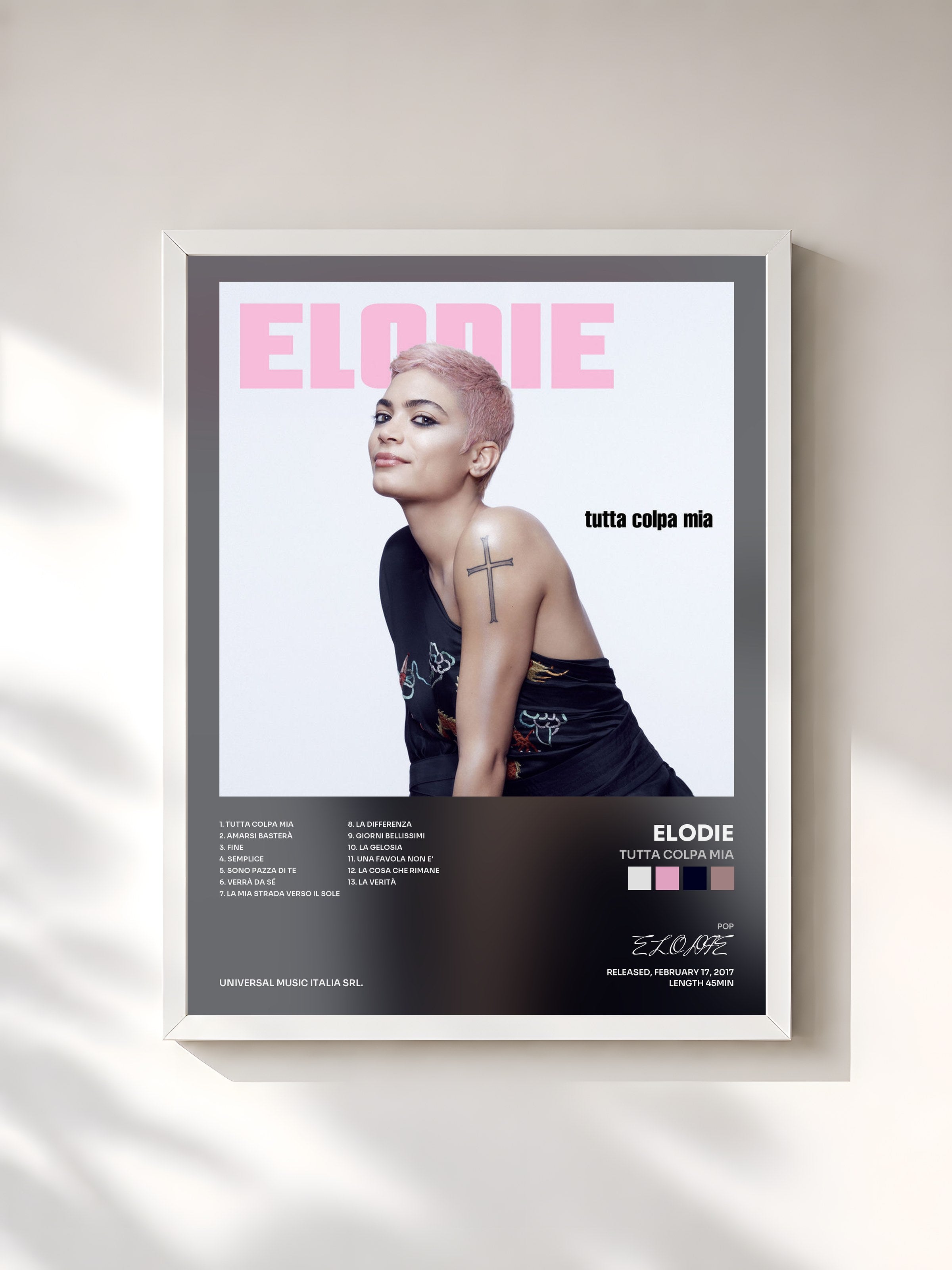 #blanc Tableau de l'album Tutta Colpa Mia de ELODIE, cadre blanc, imprimé et encadré en France