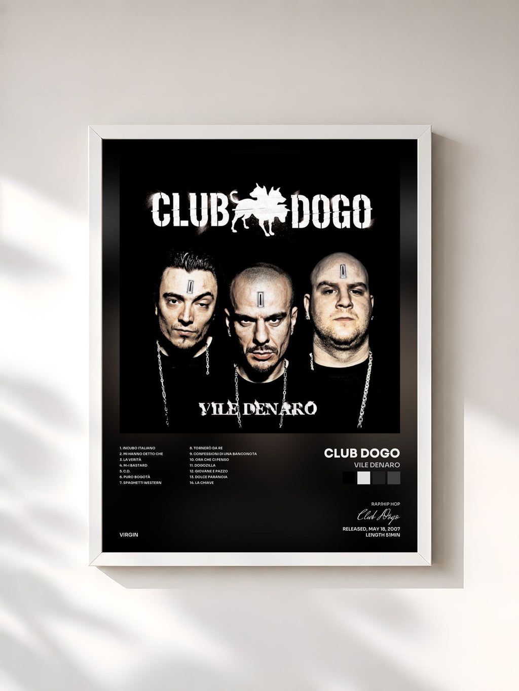 #blanc Vile Denaro by Club Dogo as a framed art print, white frame, printed and framed in France