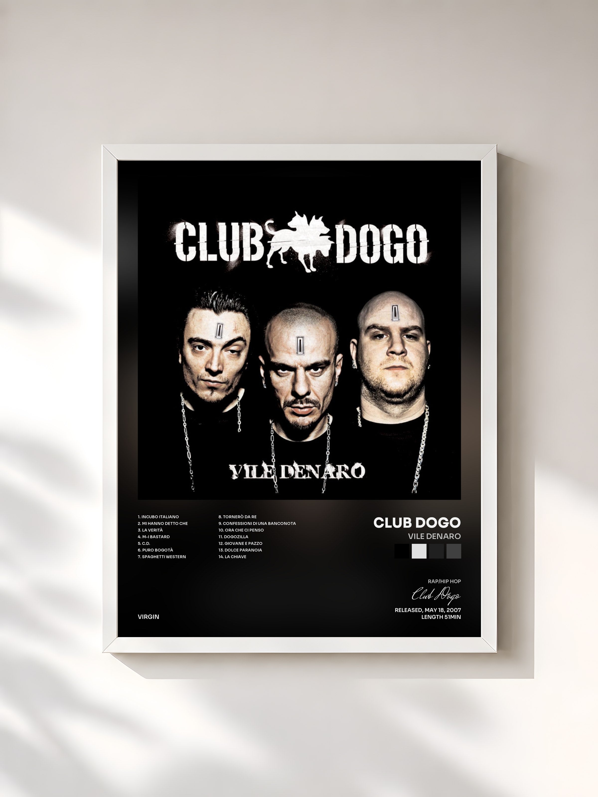 #blanc Tableau de l'album Vile Denaro de Club Dogo, cadre blanc, imprimé et encadré en France