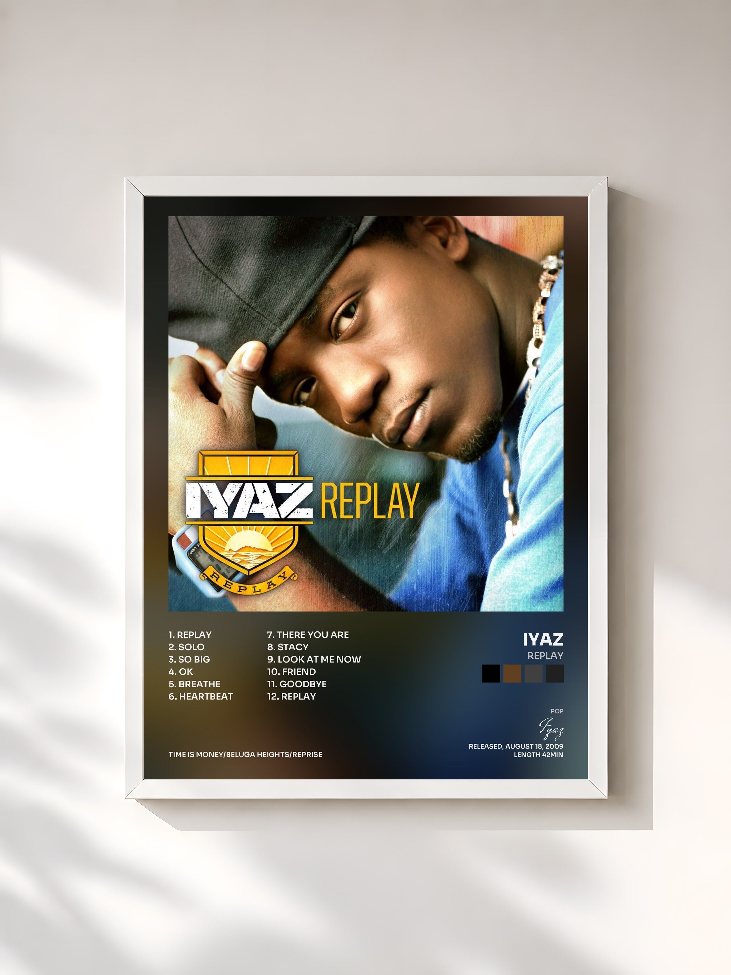 #blanc Tableau de l'album Replay de Iyaz, cadre blanc, imprimé et encadré en France