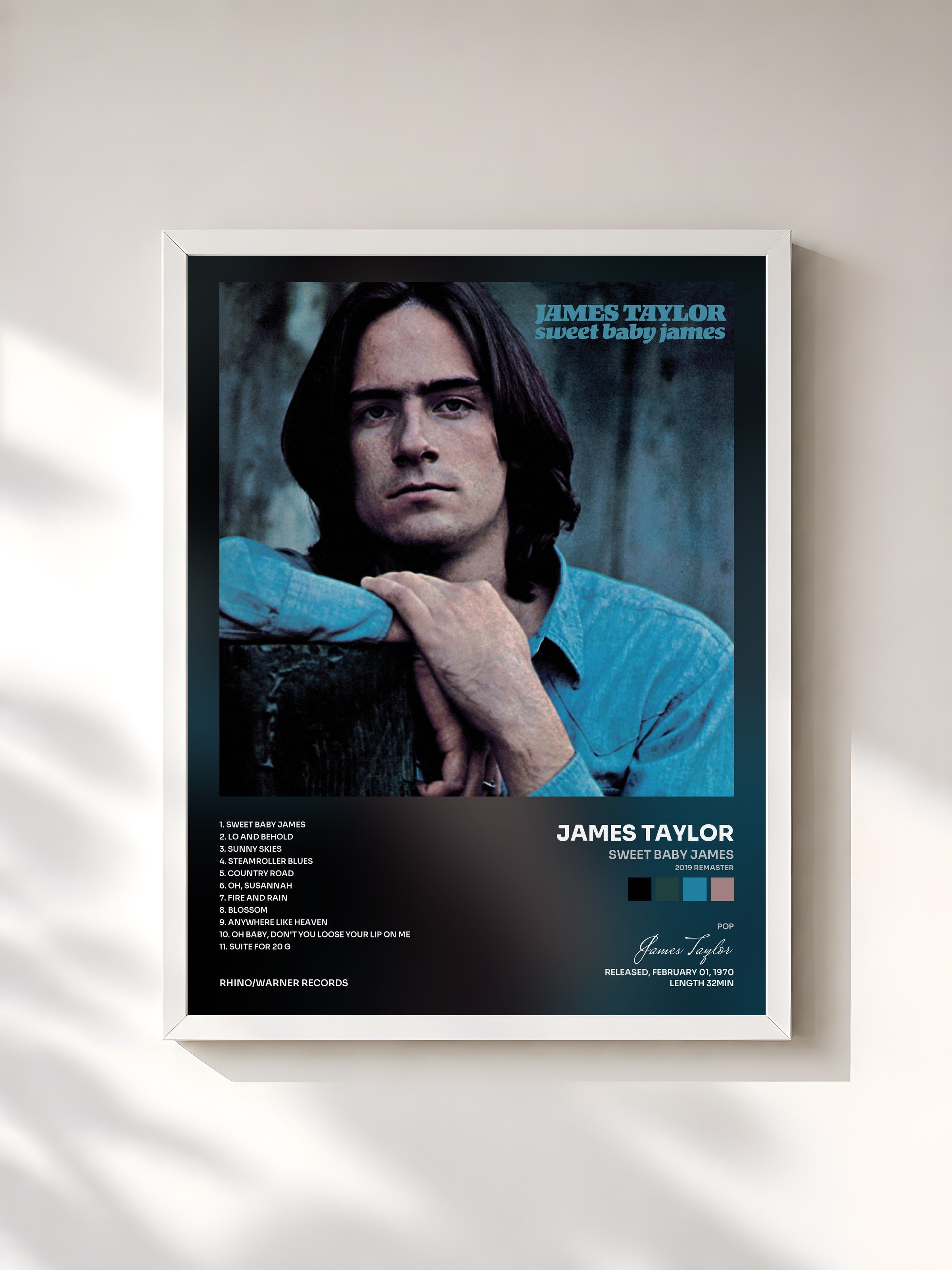 #blanc Tableau de l'album Sweet Baby James (2019 Remaster) de James Taylor, cadre blanc, imprimé et encadré en France