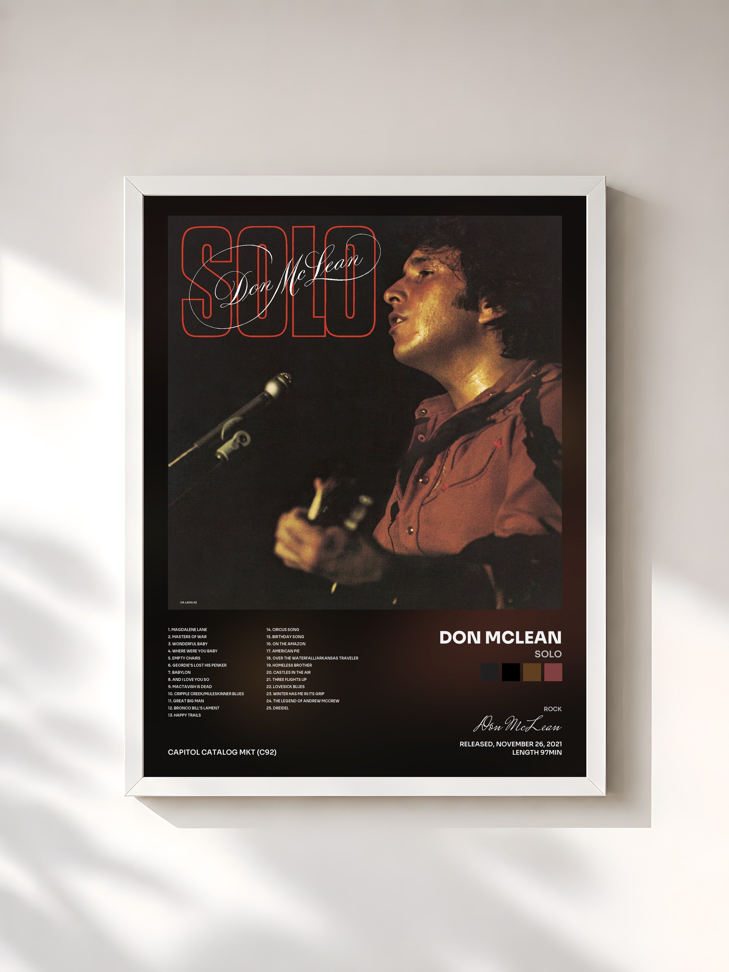 #blanc Tableau de l'album Solo de Don McLean, cadre blanc, imprimé et encadré en France