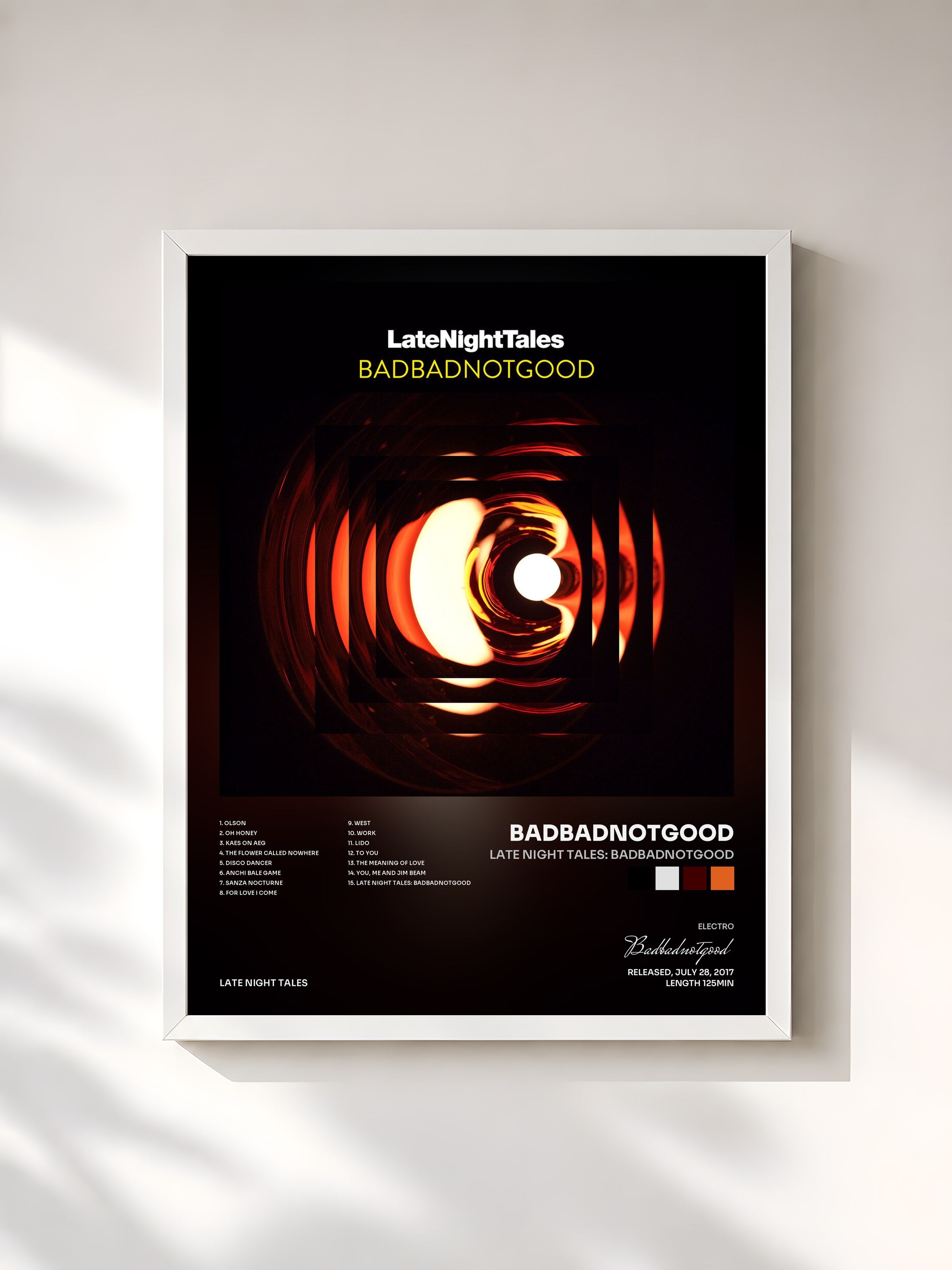 #blanc Tableau de l'album Late Night Tales: BADBADNOTGOOD de Badbadnotgood, cadre blanc, imprimé et encadré en France