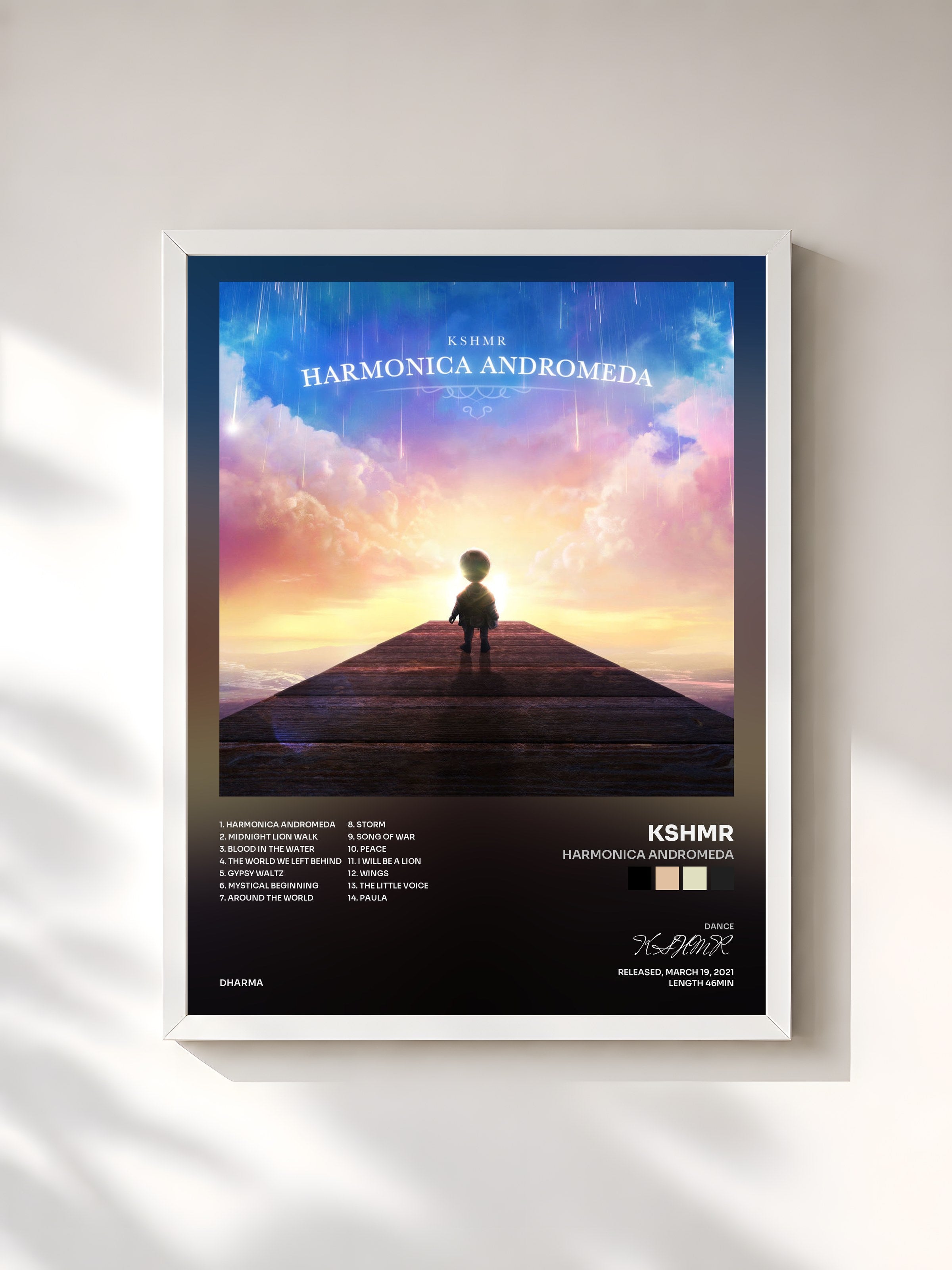 #blanc Tableau de l'album Harmonica Andromeda de KSHMR, cadre blanc, imprimé et encadré en France