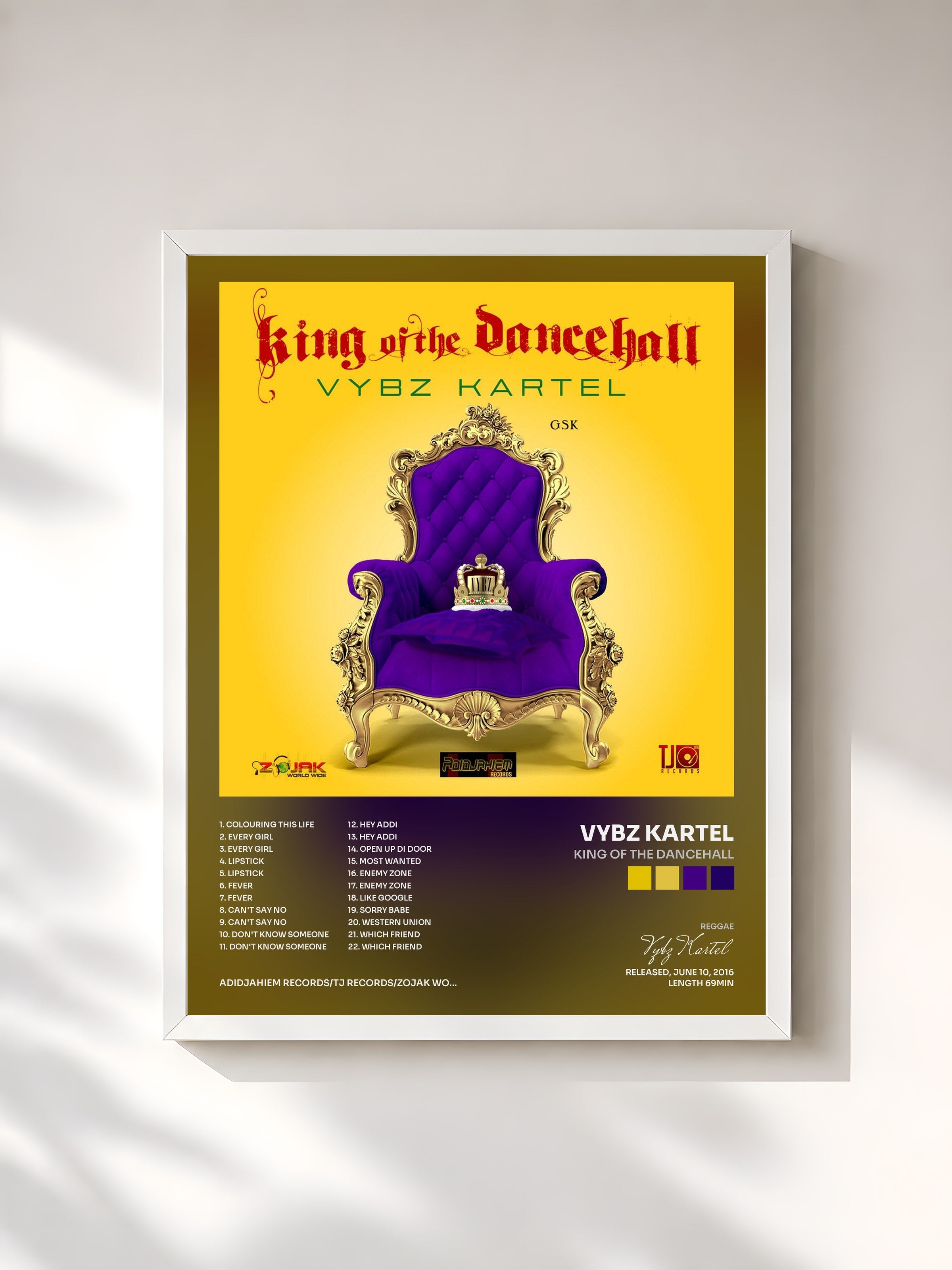 #blanc Tableau de l'album King Of The Dancehall de Vybz Kartel, cadre blanc, imprimé et encadré en France
