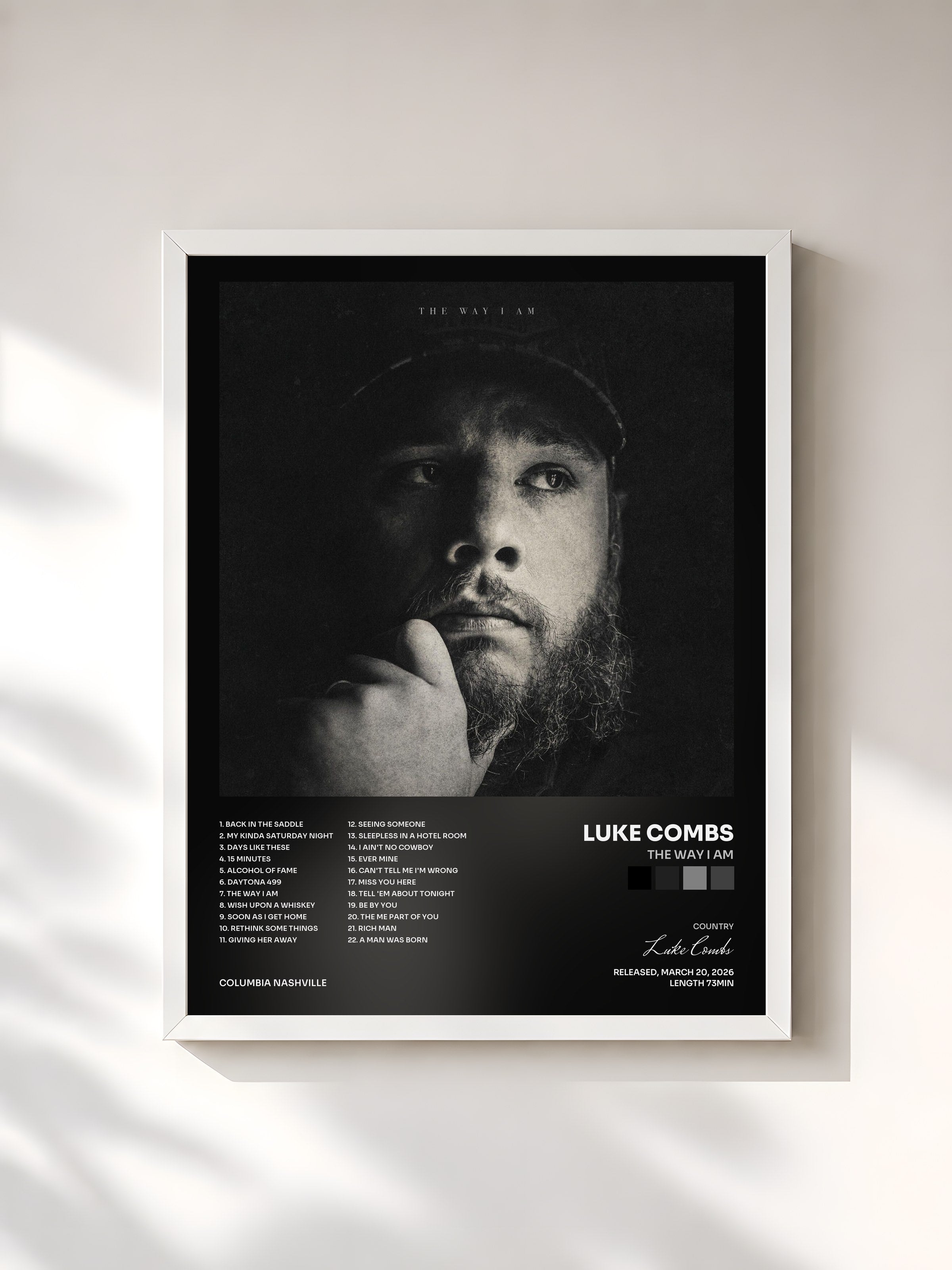 #blanc Tableau de l'album The Way I Am de Luke Combs, cadre blanc, imprimé et encadré en France