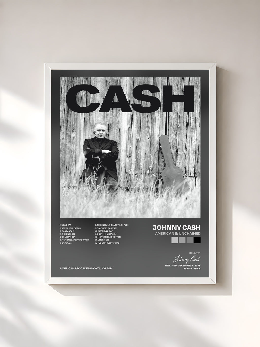 #blanc Tableau de l'album American II: Unchained de Johnny Cash, cadre blanc, imprimé et encadré en France