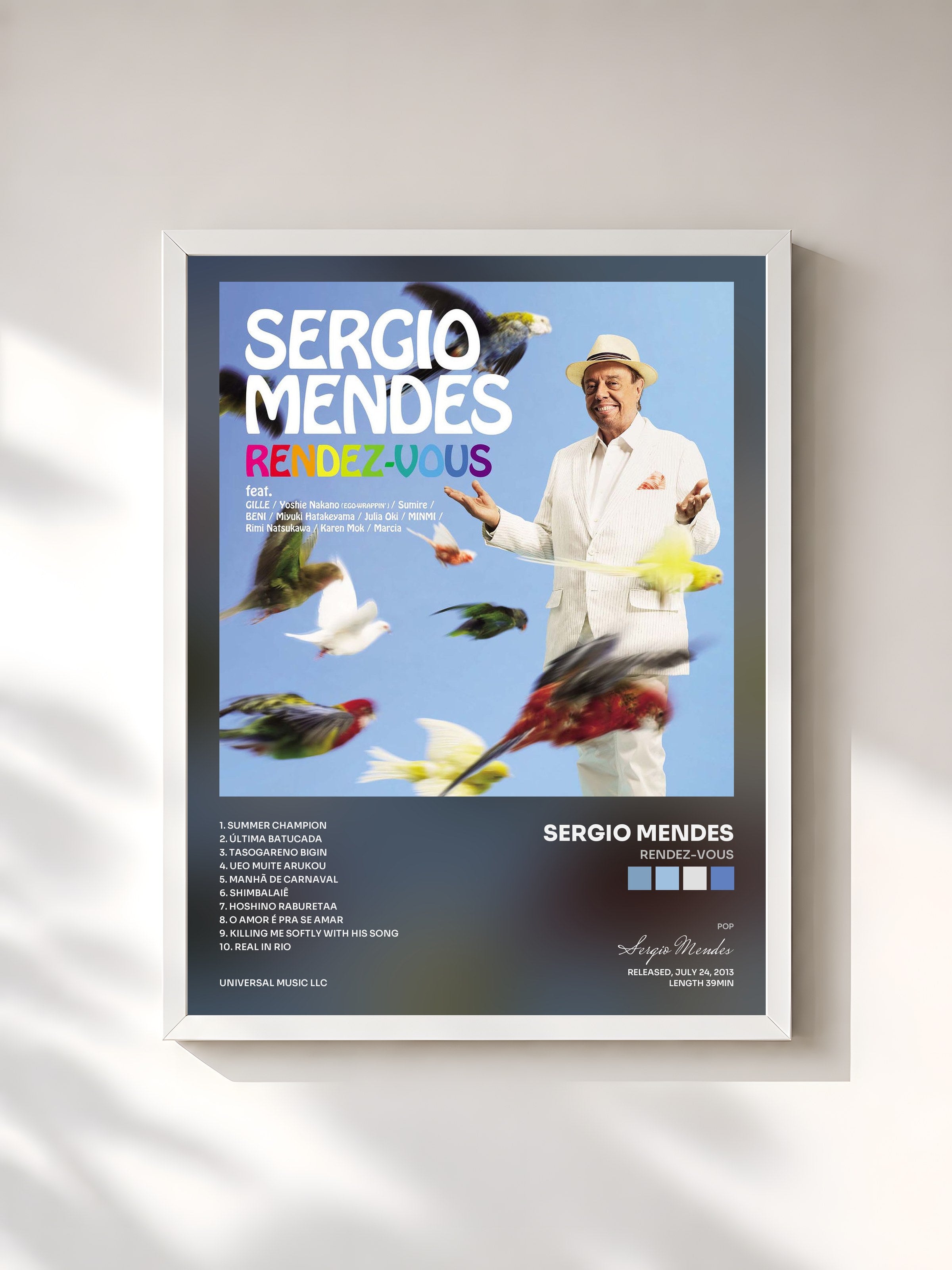 #blanc Tableau de l'album Rendez-Vous de Sergio Mendes, cadre blanc, imprimé et encadré en France