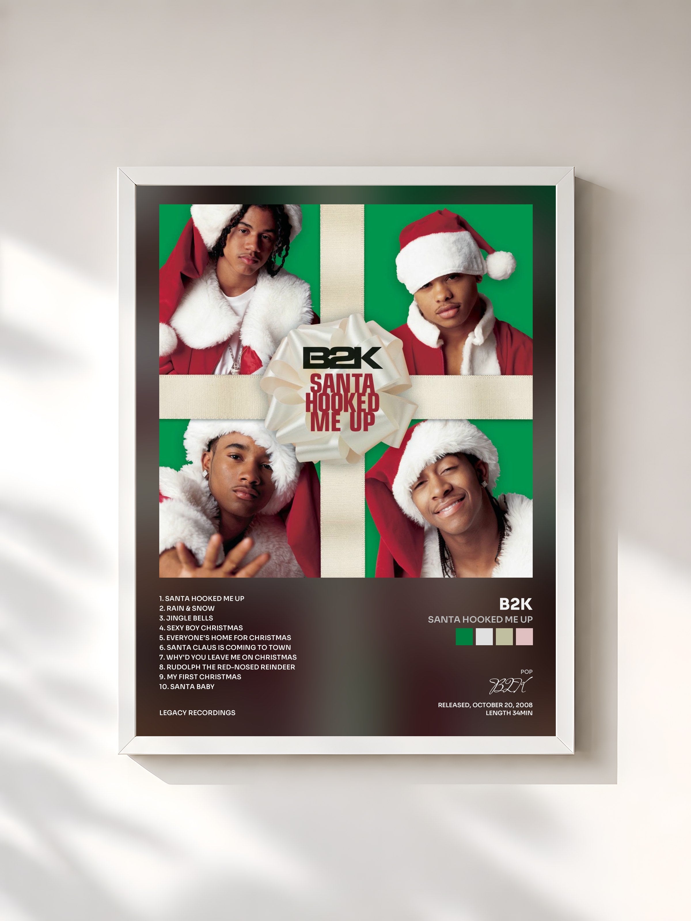 #blanc Tableau de l'album Santa Hooked Me Up de B2K, cadre blanc, imprimé et encadré en France
