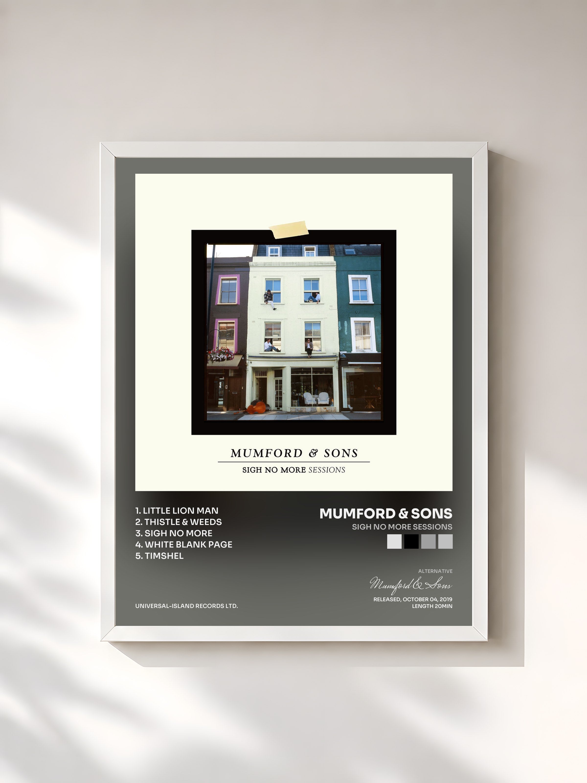 #blanc Tableau de l'album Sigh No More Sessions de Mumford & Sons, cadre blanc, imprimé et encadré en France