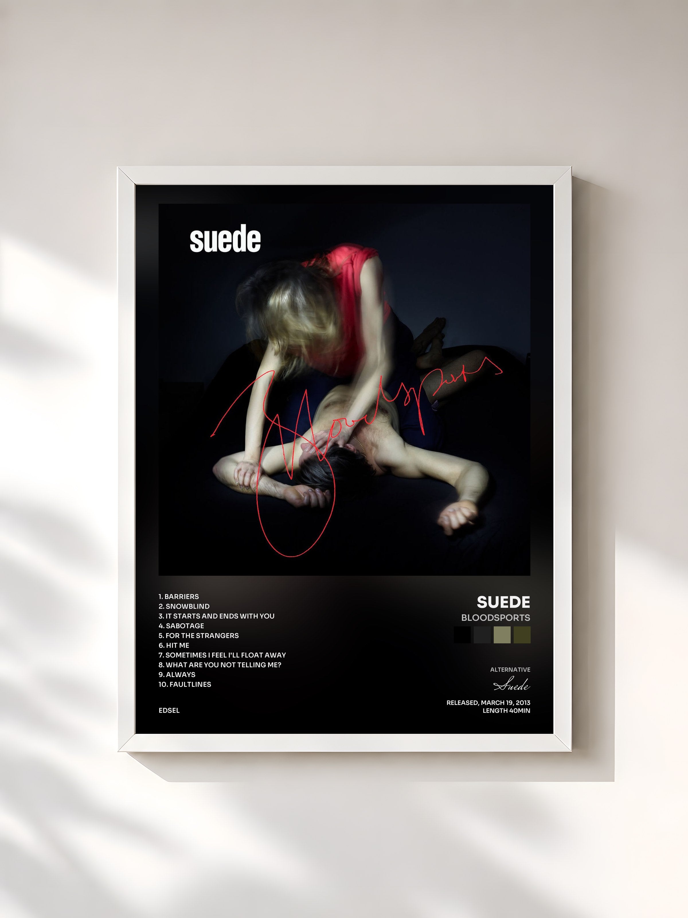 #blanc Tableau de l'album Bloodsports de Suede, cadre blanc, imprimé et encadré en France