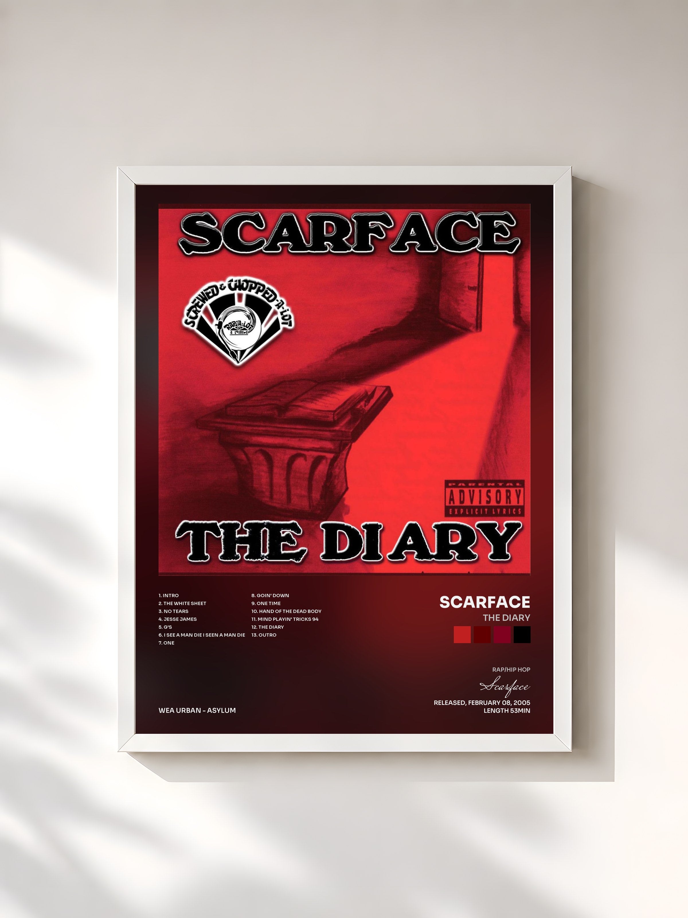 #blanc Tableau de l'album The Diary de Scarface, cadre blanc, imprimé et encadré en France