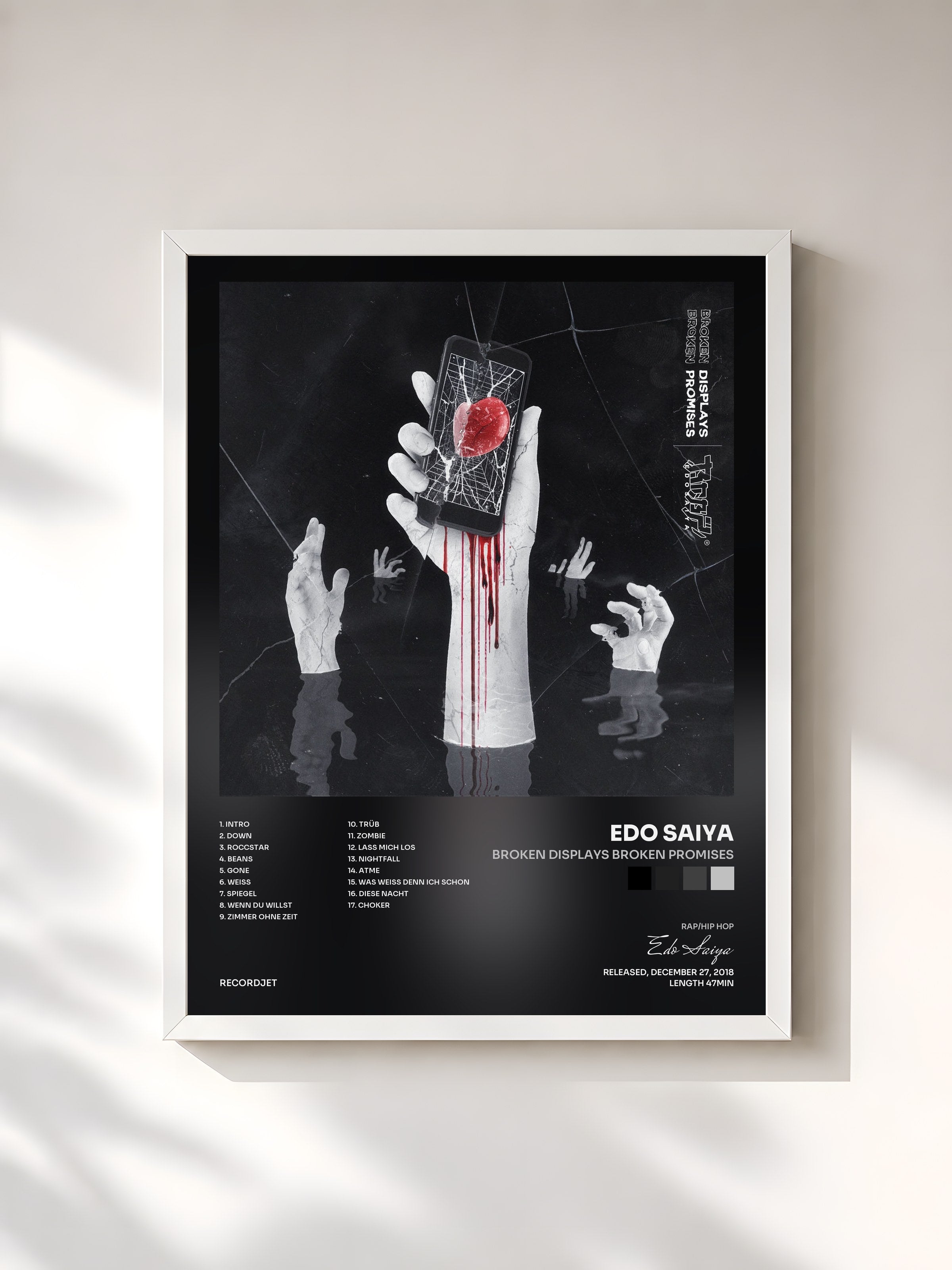 #blanc Tableau de l'album Broken Displays Broken Promises de Edo Saiya, cadre blanc, imprimé et encadré en France