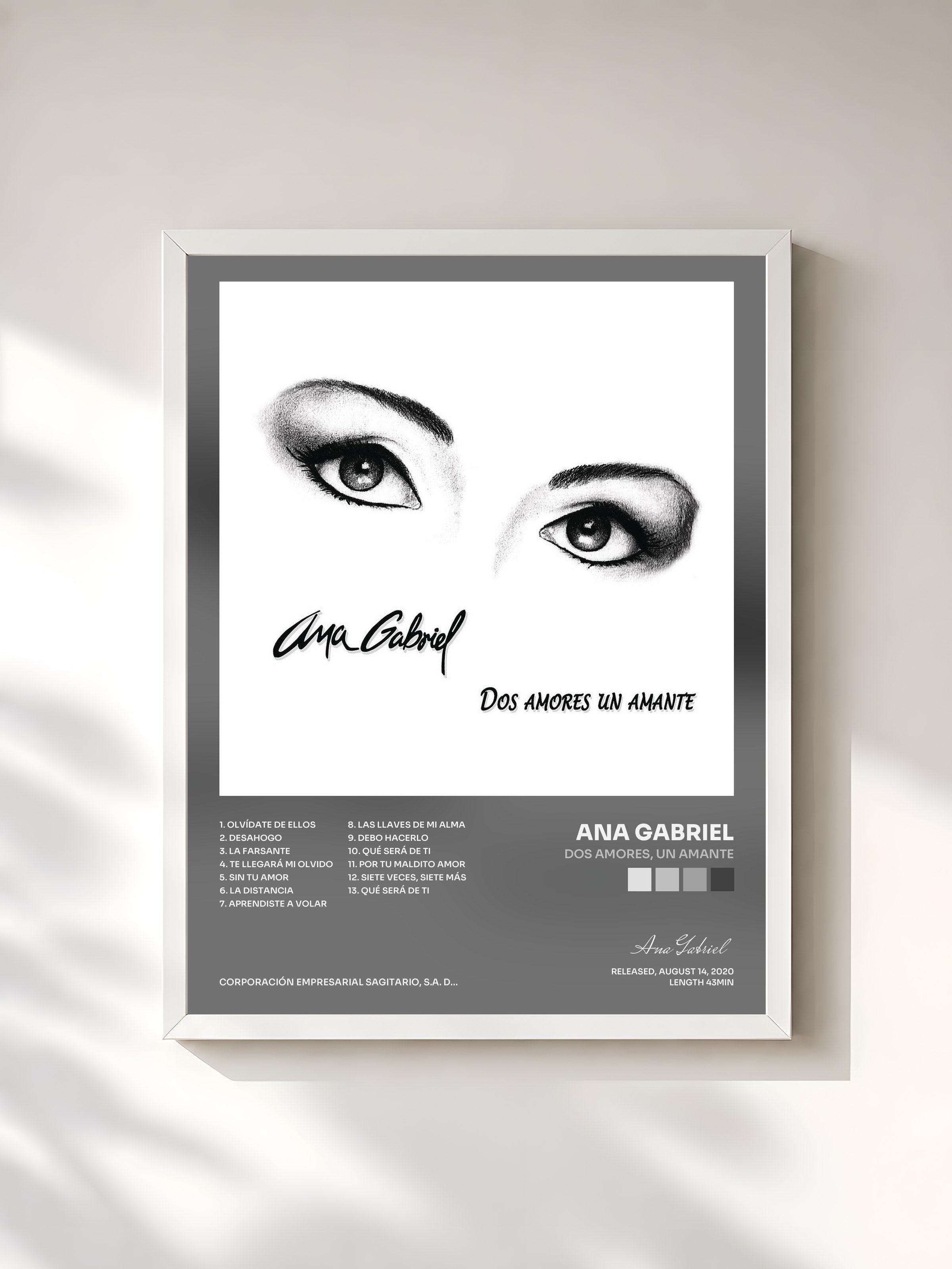 #blanc Tableau de l'album Dos Amores, un Amante de Ana Gabriel, cadre blanc, imprimé et encadré en France