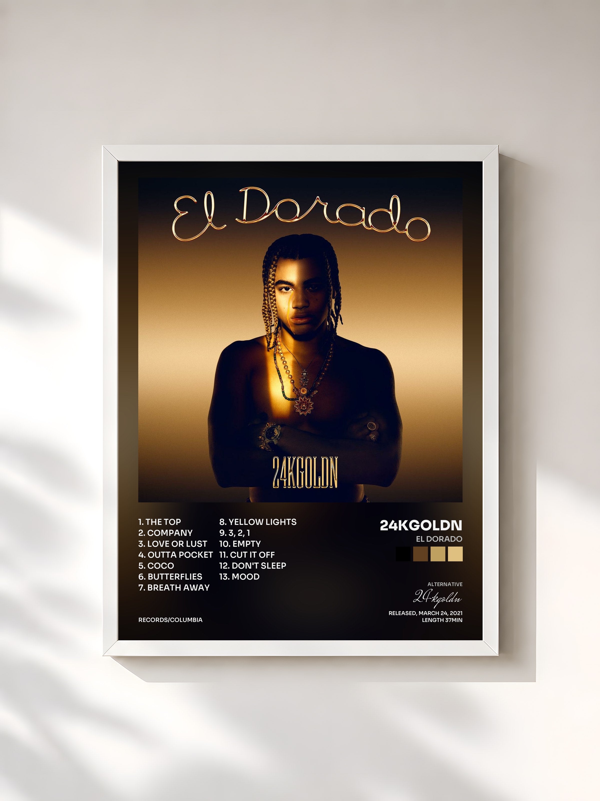 #blanc Tableau de l'album El Dorado de 24kgoldn, cadre blanc, imprimé et encadré en France