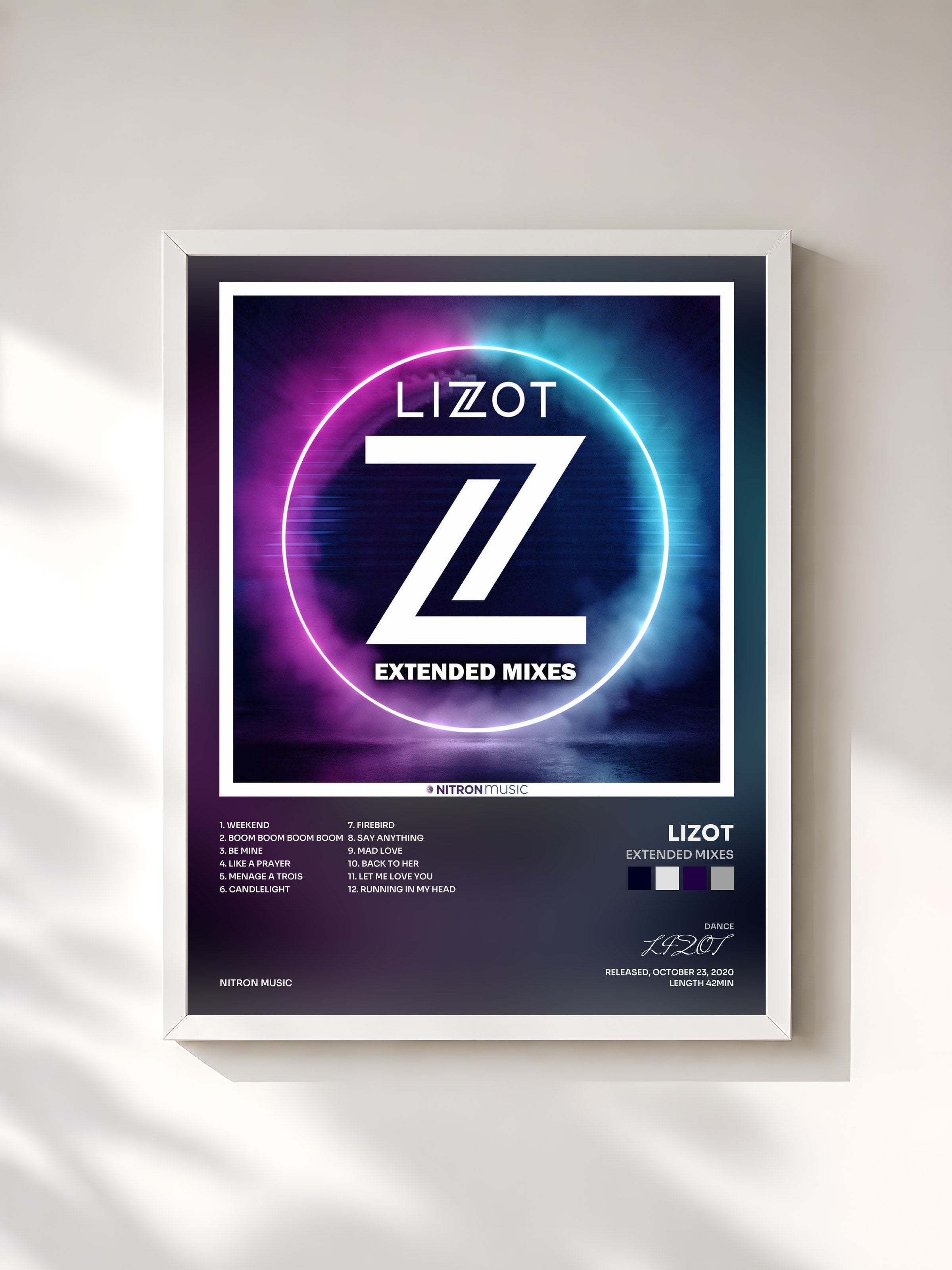 #blanc Tableau de l'album Extended Mixes de LIZOT, cadre blanc, imprimé et encadré en France