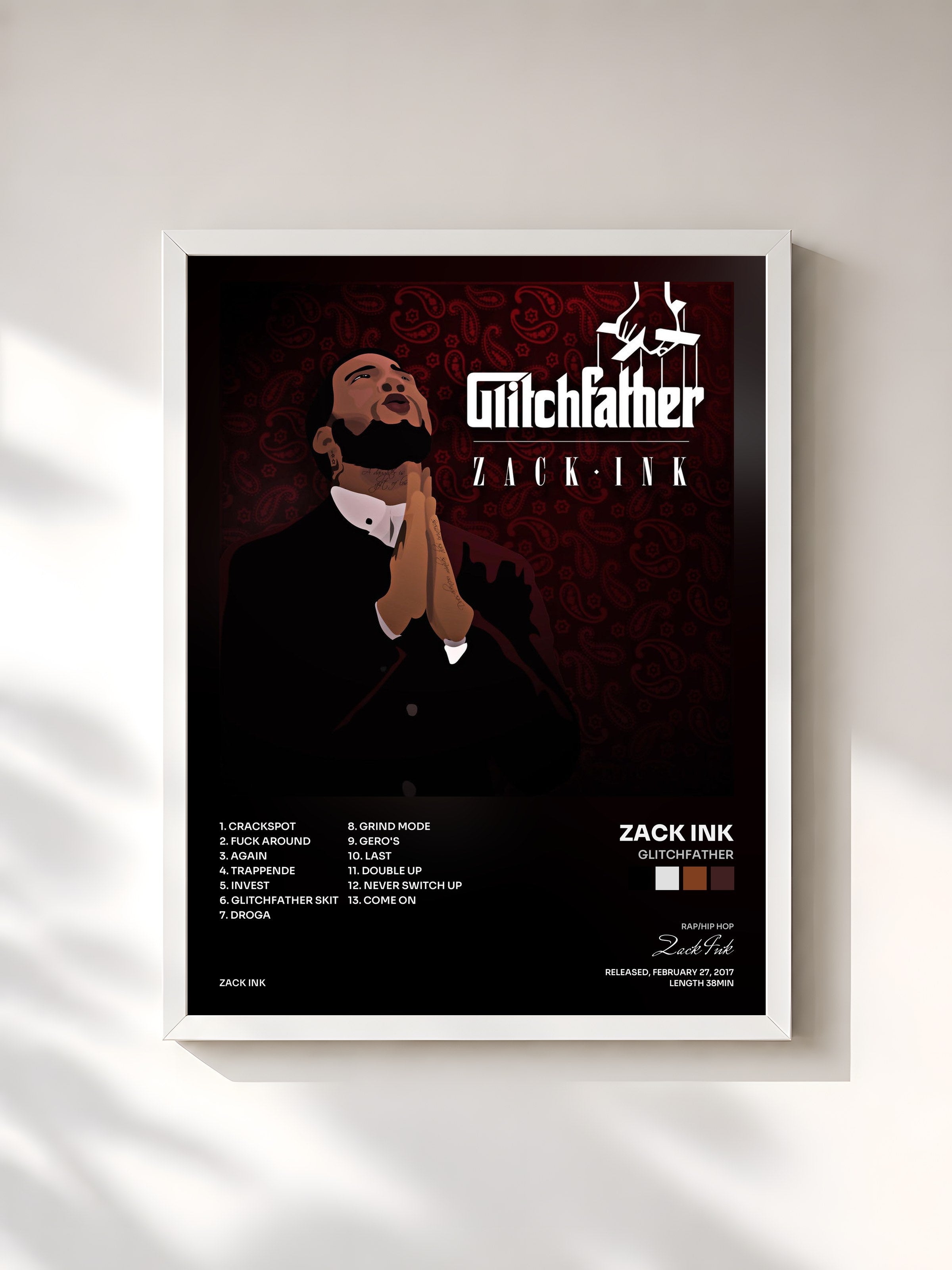 #blanc Tableau de l'album Glitchfather de Zack Ink, cadre blanc, imprimé et encadré en France