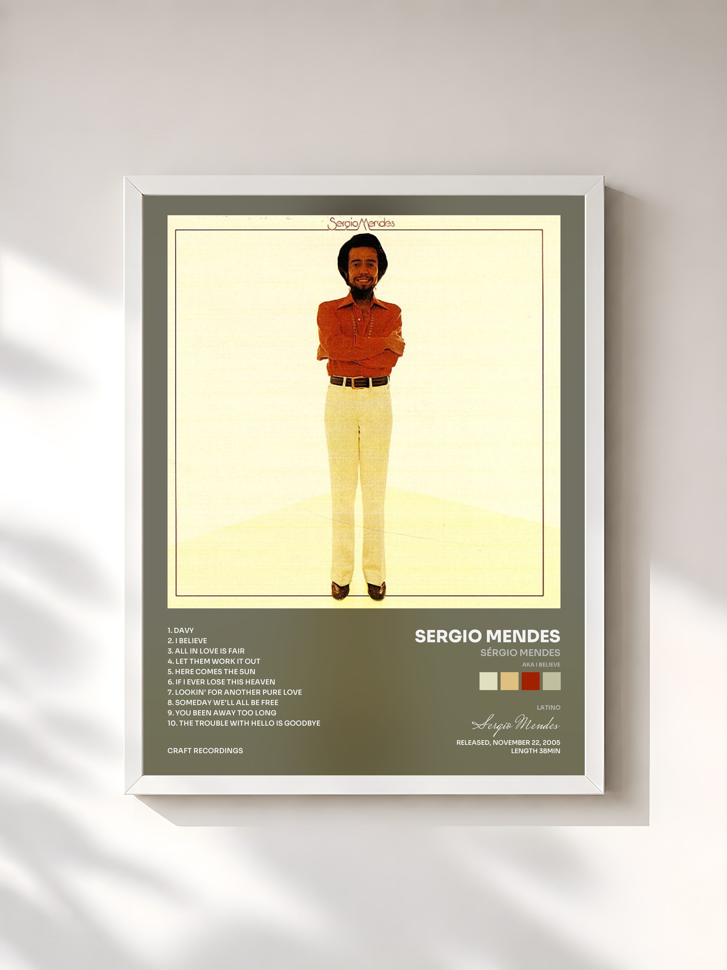 #blanc Tableau de l'album Sérgio Mendes (AKA I Believe) de Sergio Mendes, cadre blanc, imprimé et encadré en France