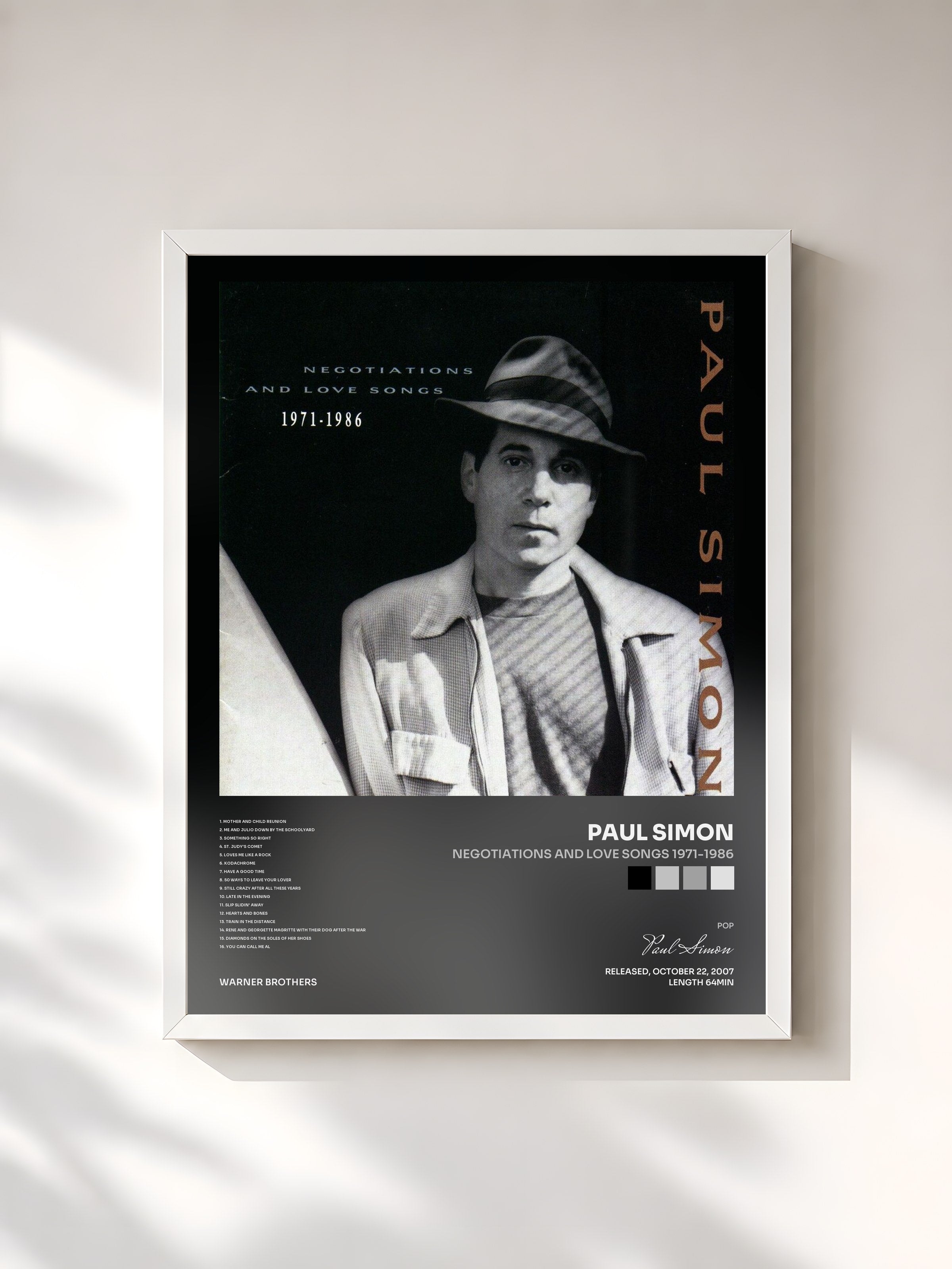 #blanc Tableau de l'album Negotiations And Love Songs 1971-1986 de Paul Simon, cadre blanc, imprimé et encadré en France