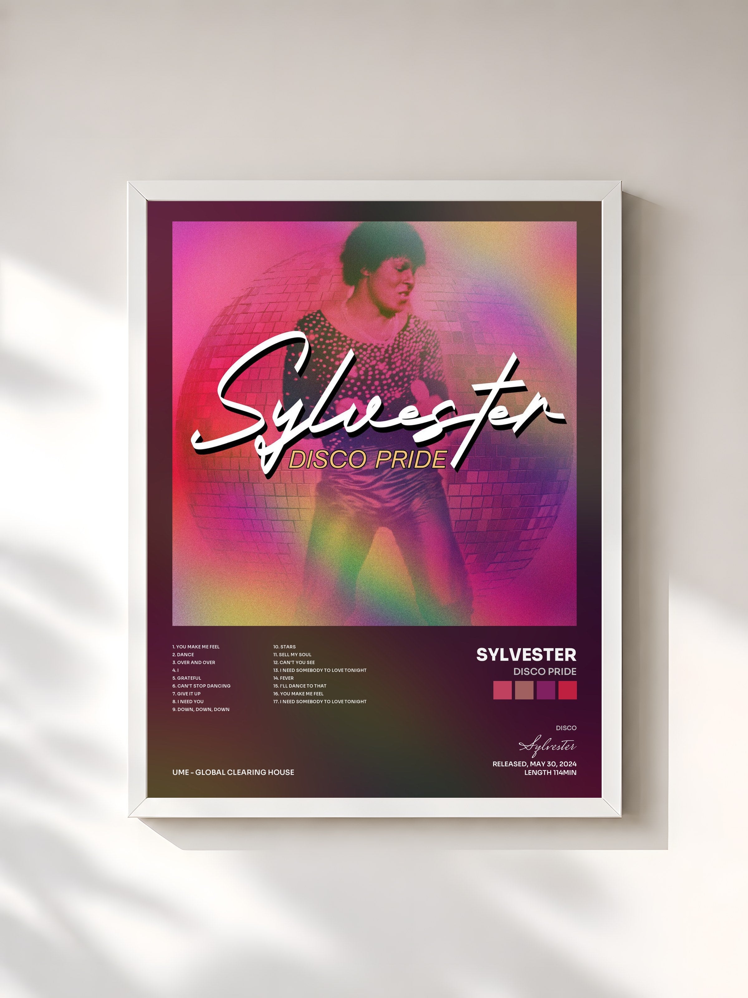 #blanc Tableau de l'album Disco Pride de Sylvester, cadre blanc, imprimé et encadré en France