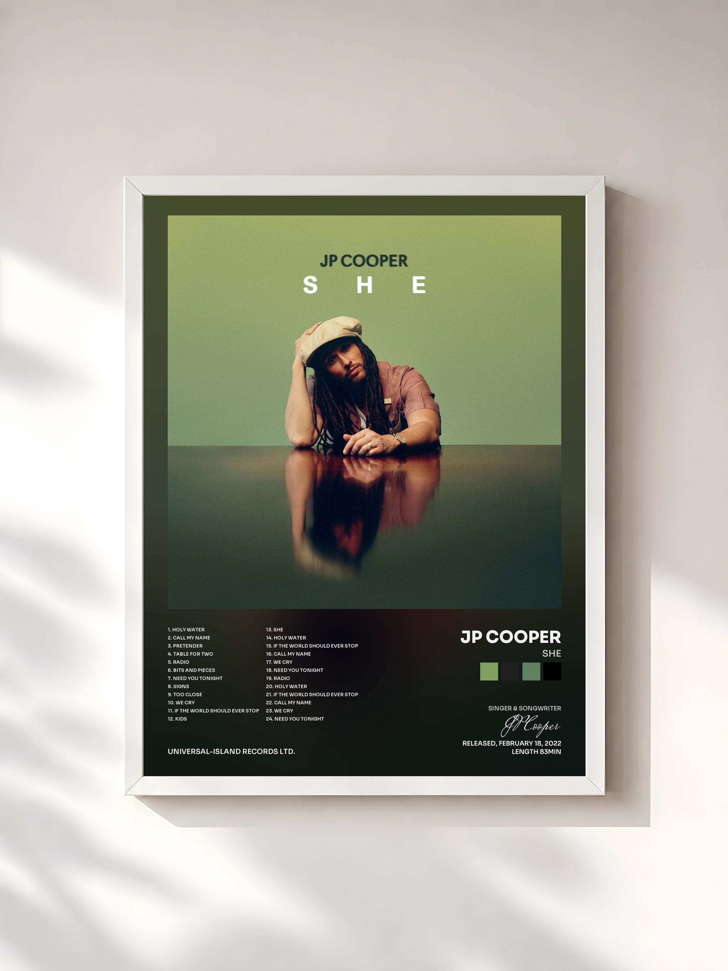 #blanc Tableau de l'album She de JP Cooper, cadre blanc, imprimé et encadré en France