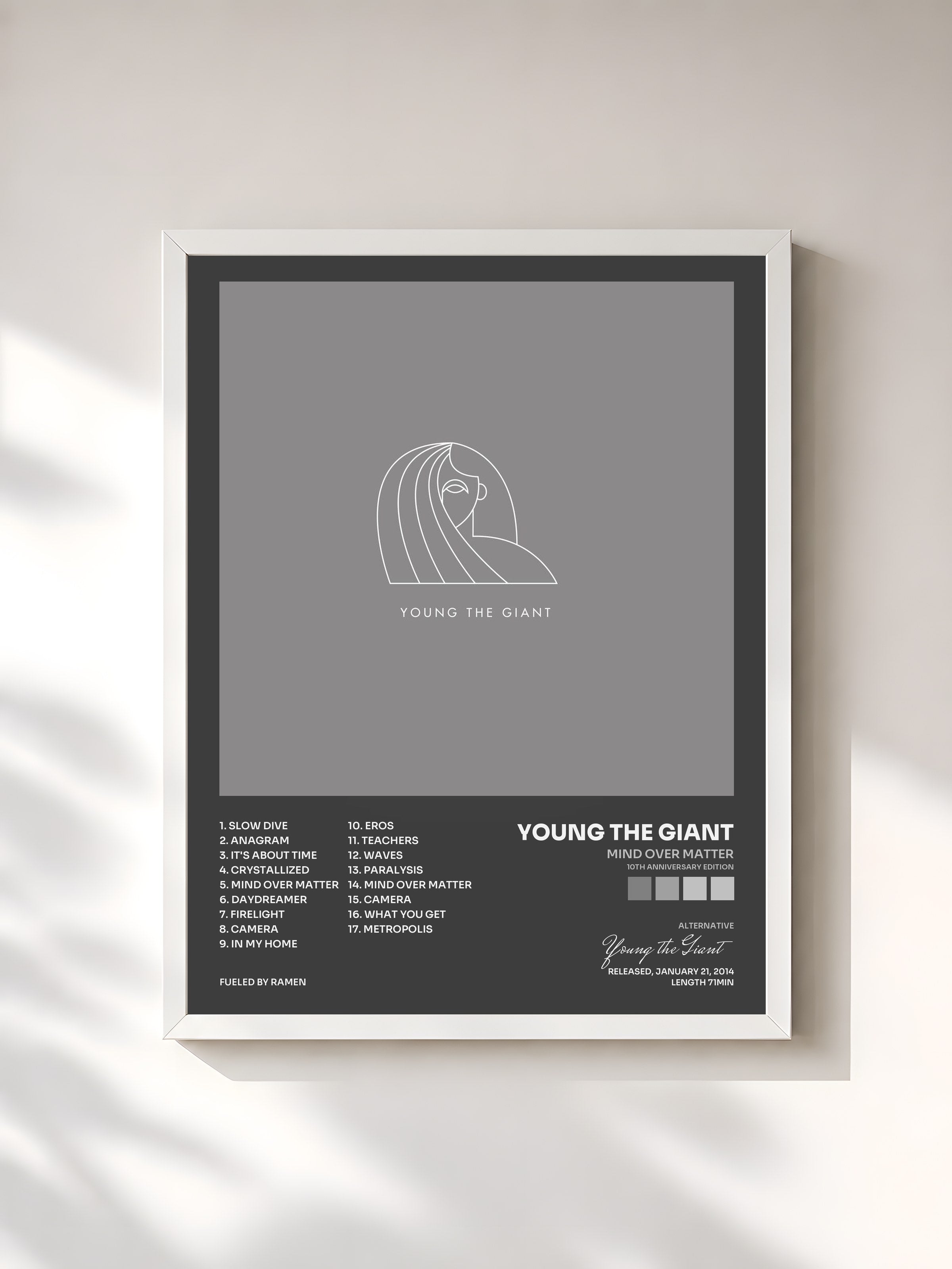 #blanc Tableau de l'album Mind Over Matter (10th Anniversary Edition) de Young the Giant, cadre blanc, imprimé et encadré en France