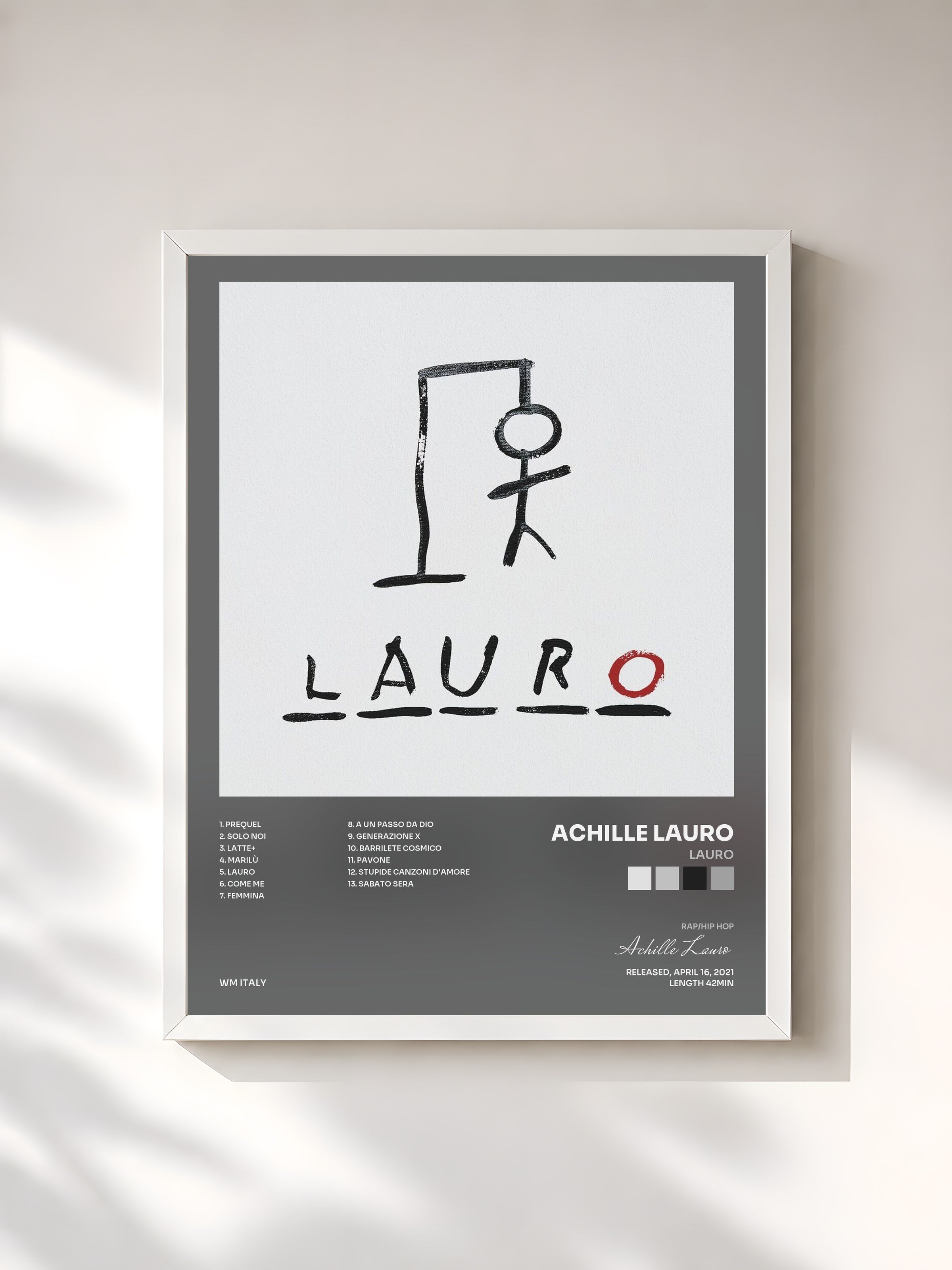 #blanc Tableau de l'album LAURO de Achille Lauro, cadre blanc, imprimé et encadré en France