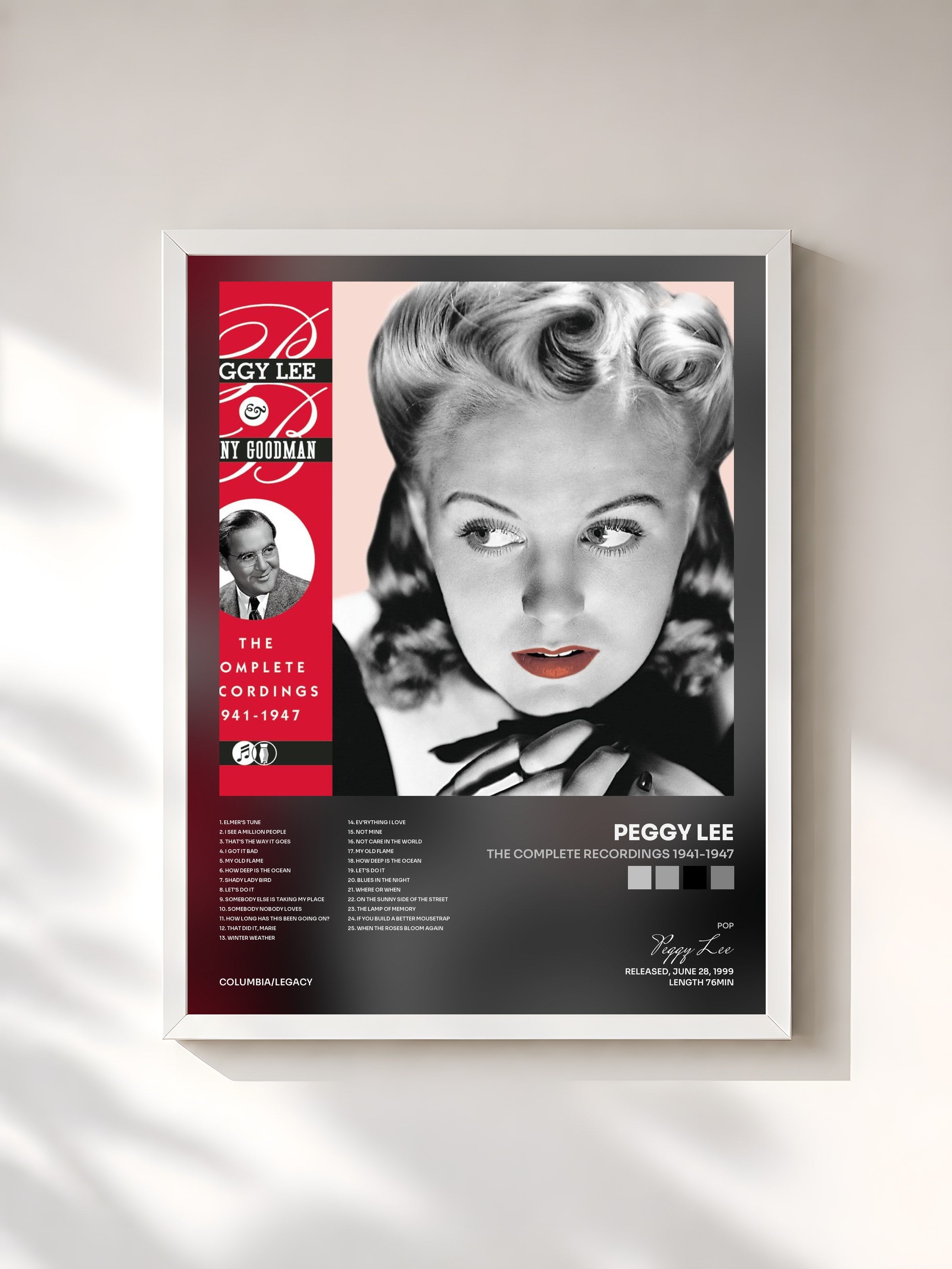 #blanc Tableau de l'album The Complete Recordings 1941-1947 de Peggy Lee, cadre blanc, imprimé et encadré en France